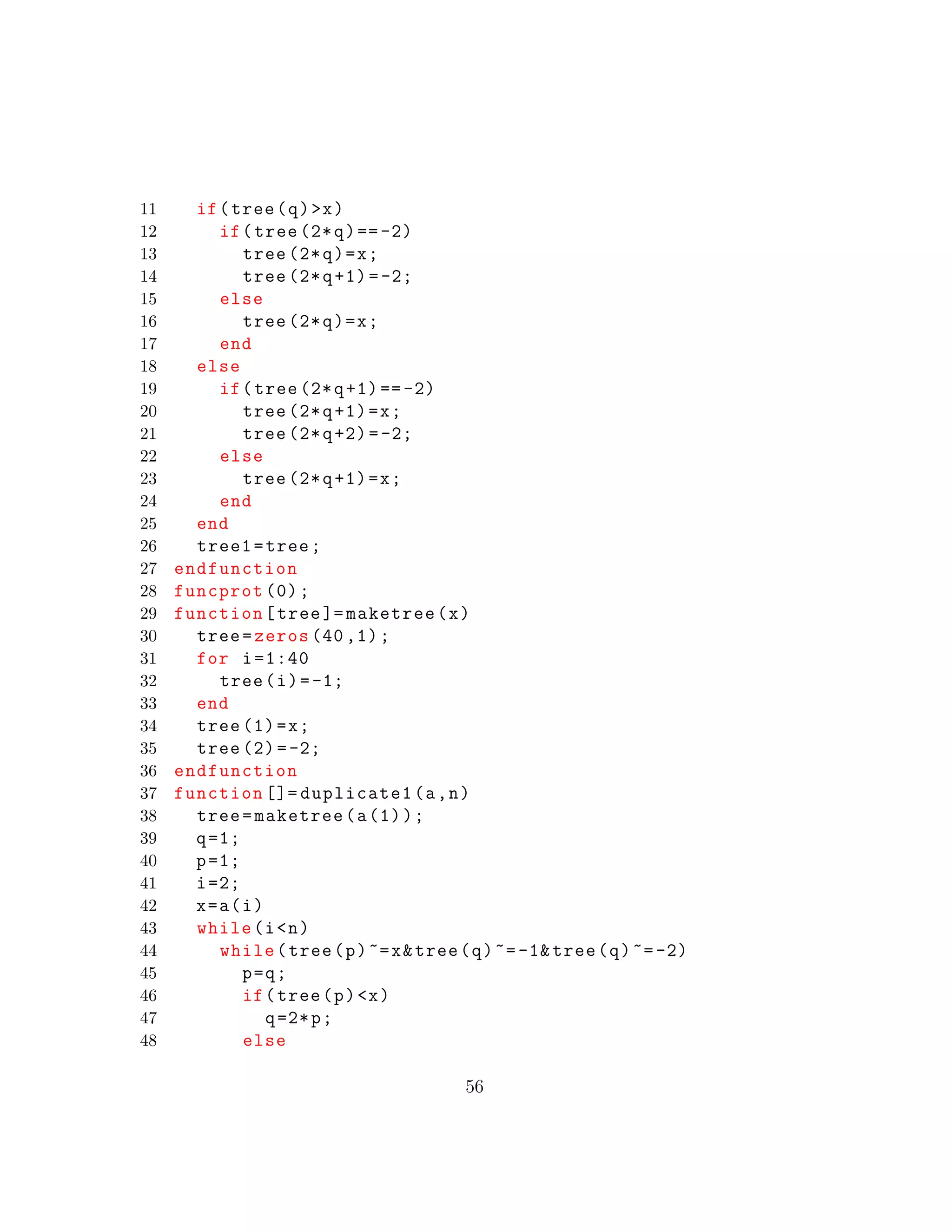 11 if(tree(q)>x)
12 if(tree (2*q)==-2)
13 tree (2*q)=x;
14 tree (2*q+1)=-2;
15 else
16 tree (2*q)=x;
17 end
18 else
19 if(tree (2*q+1) ==-2)
20 tree (2*q+1)=x;
21 tree (2*q+2)=-2;
22 else
23 tree (2*q+1)=x;
24 end
25 end
26 tree1=tree;
27 endfunction
28 funcprot (0);
29 function[tree ]= maketree(x)
30 tree=zeros (40 ,1);
31 for i=1:40
32 tree(i)=-1;
33 end
34 tree (1)=x;
35 tree (2)=-2;
36 endfunction
37 function []= duplicate1(a,n)
38 tree=maketree(a(1));
39 q=1;
40 p=1;
41 i=2;
42 x=a(i)
43 while(i<n)
44 while(tree(p)~=x&tree(q)~=-1& tree(q)~=-2)
45 p=q;
46 if(tree(p)<x)
47 q=2*p;
48 else
56
 