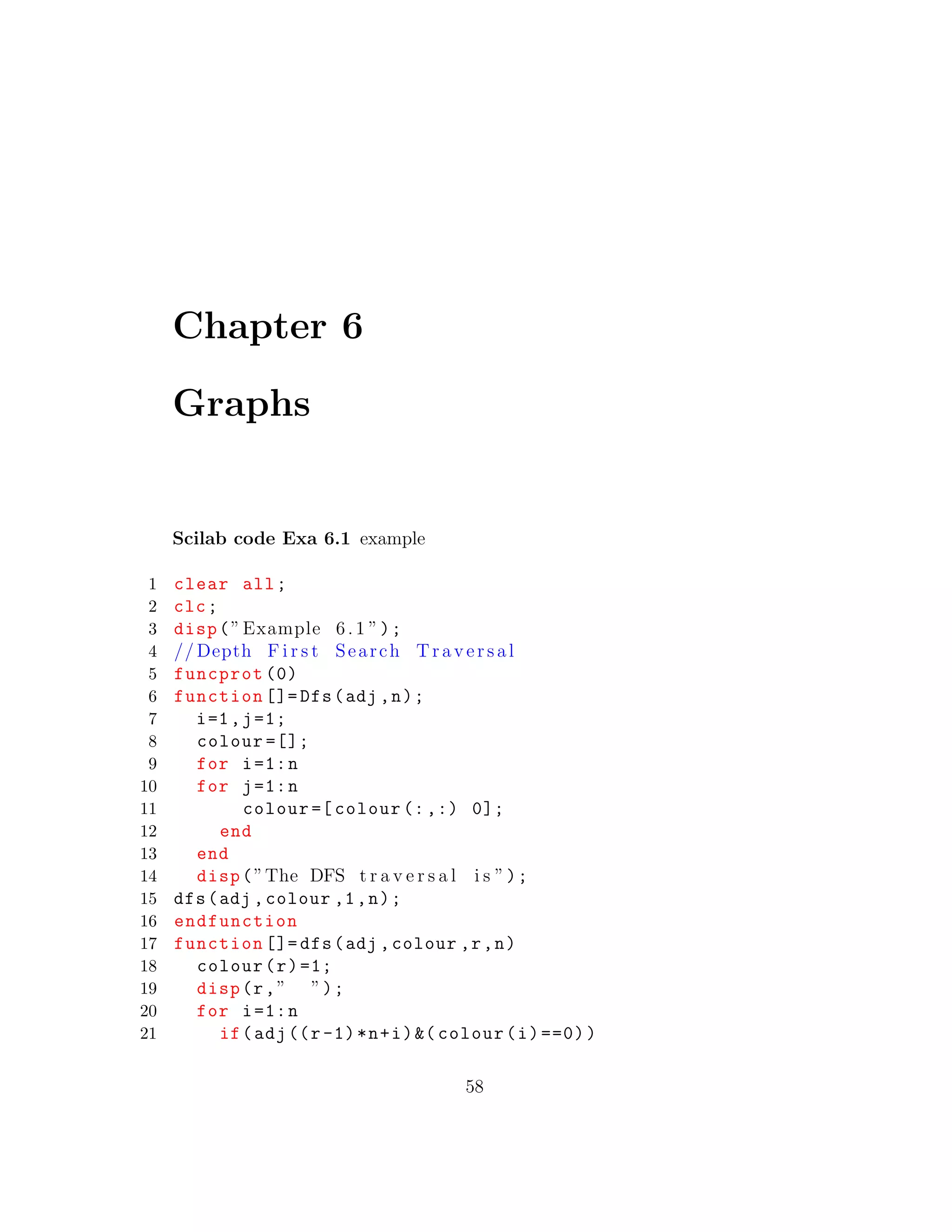 Chapter 6
Graphs
Scilab code Exa 6.1 example
1 clear all;
2 clc;
3 disp(”Example 6.1 ”);
4 // Depth F i r s t Search Traversal
5 funcprot (0)
6 function []= Dfs(adj ,n);
7 i=1,j=1;
8 colour =[];
9 for i=1:n
10 for j=1:n
11 colour =[ colour (:,:) 0];
12 end
13 end
14 disp(”The DFS t r a v e r s a l i s ”);
15 dfs(adj ,colour ,1,n);
16 endfunction
17 function []= dfs(adj ,colour ,r,n)
18 colour(r)=1;
19 disp(r,” ”);
20 for i=1:n
21 if(adj((r-1)*n+i)&( colour(i)==0))
58
 