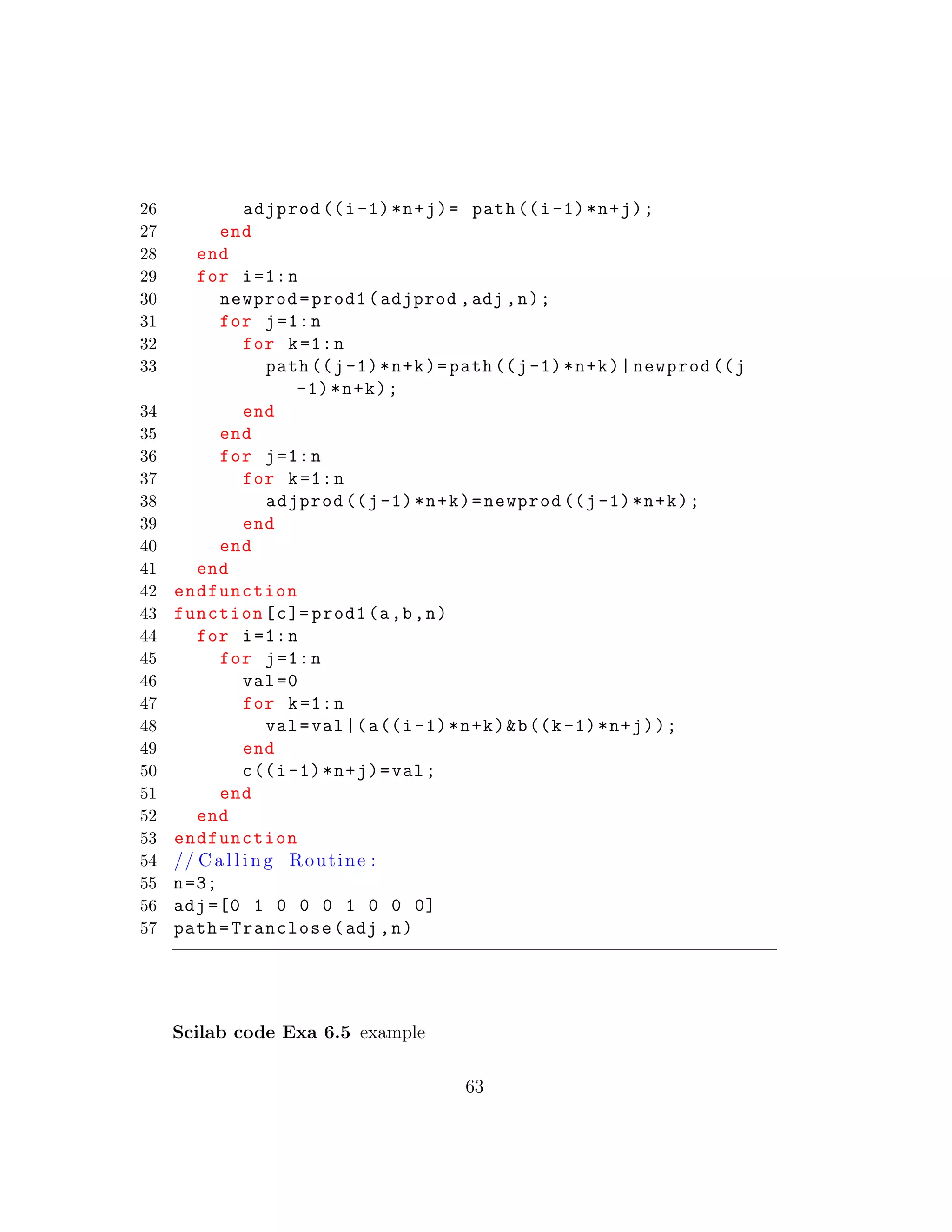 26 adjprod ((i-1)*n+j)= path ((i-1)*n+j);
27 end
28 end
29 for i=1:n
30 newprod=prod1(adjprod ,adj ,n);
31 for j=1:n
32 for k=1:n
33 path ((j-1)*n+k)=path ((j-1)*n+k)|newprod ((j
-1)*n+k);
34 end
35 end
36 for j=1:n
37 for k=1:n
38 adjprod ((j-1)*n+k)=newprod ((j-1)*n+k);
39 end
40 end
41 end
42 endfunction
43 function[c]= prod1(a,b,n)
44 for i=1:n
45 for j=1:n
46 val=0
47 for k=1:n
48 val=val|(a((i-1)*n+k)&b((k-1)*n+j));
49 end
50 c((i-1)*n+j)=val;
51 end
52 end
53 endfunction
54 // C a l l i n g Routine :
55 n=3;
56 adj =[0 1 0 0 0 1 0 0 0]
57 path=Tranclose(adj ,n)
Scilab code Exa 6.5 example
63
 