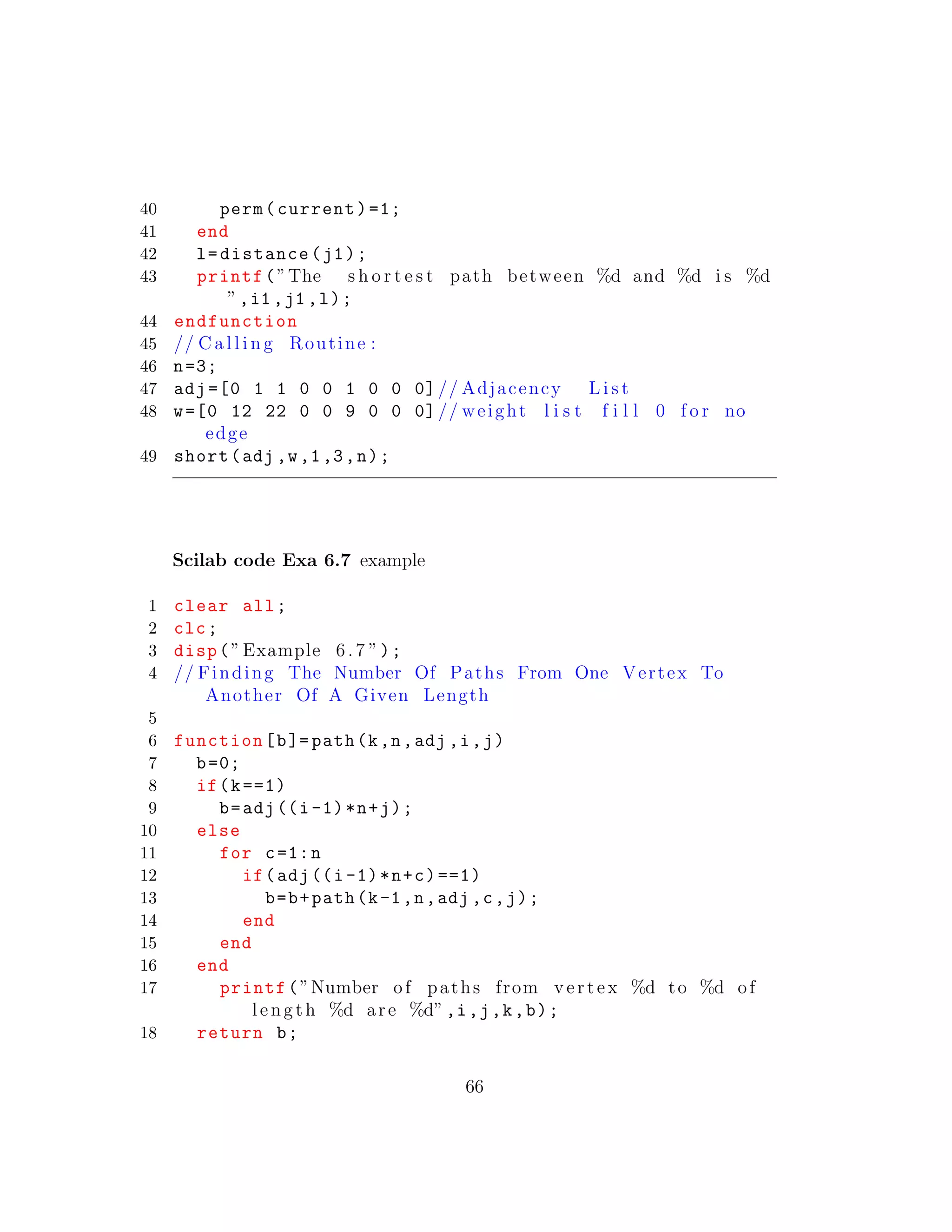 40 perm(current)=1;
41 end
42 l=distance(j1);
43 printf(”The s h o r t e s t path between %d and %d i s %d
”,i1 ,j1 ,l);
44 endfunction
45 // C a l l i n g Routine :
46 n=3;
47 adj =[0 1 1 0 0 1 0 0 0] // Adjacency L i s t
48 w=[0 12 22 0 0 9 0 0 0] // weight l i s t f i l l 0 f o r no
edge
49 short(adj ,w,1,3,n);
Scilab code Exa 6.7 example
1 clear all;
2 clc;
3 disp(”Example 6.7 ”);
4 // Finding The Number Of Paths From One Vertex To
Another Of A Given Length
5
6 function[b]= path(k,n,adj ,i,j)
7 b=0;
8 if(k==1)
9 b=adj((i-1)*n+j);
10 else
11 for c=1:n
12 if(adj((i-1)*n+c)==1)
13 b=b+path(k-1,n,adj ,c,j);
14 end
15 end
16 end
17 printf(”Number of paths from vertex %d to %d of
length %d are %d”,i,j,k,b);
18 return b;
66
 