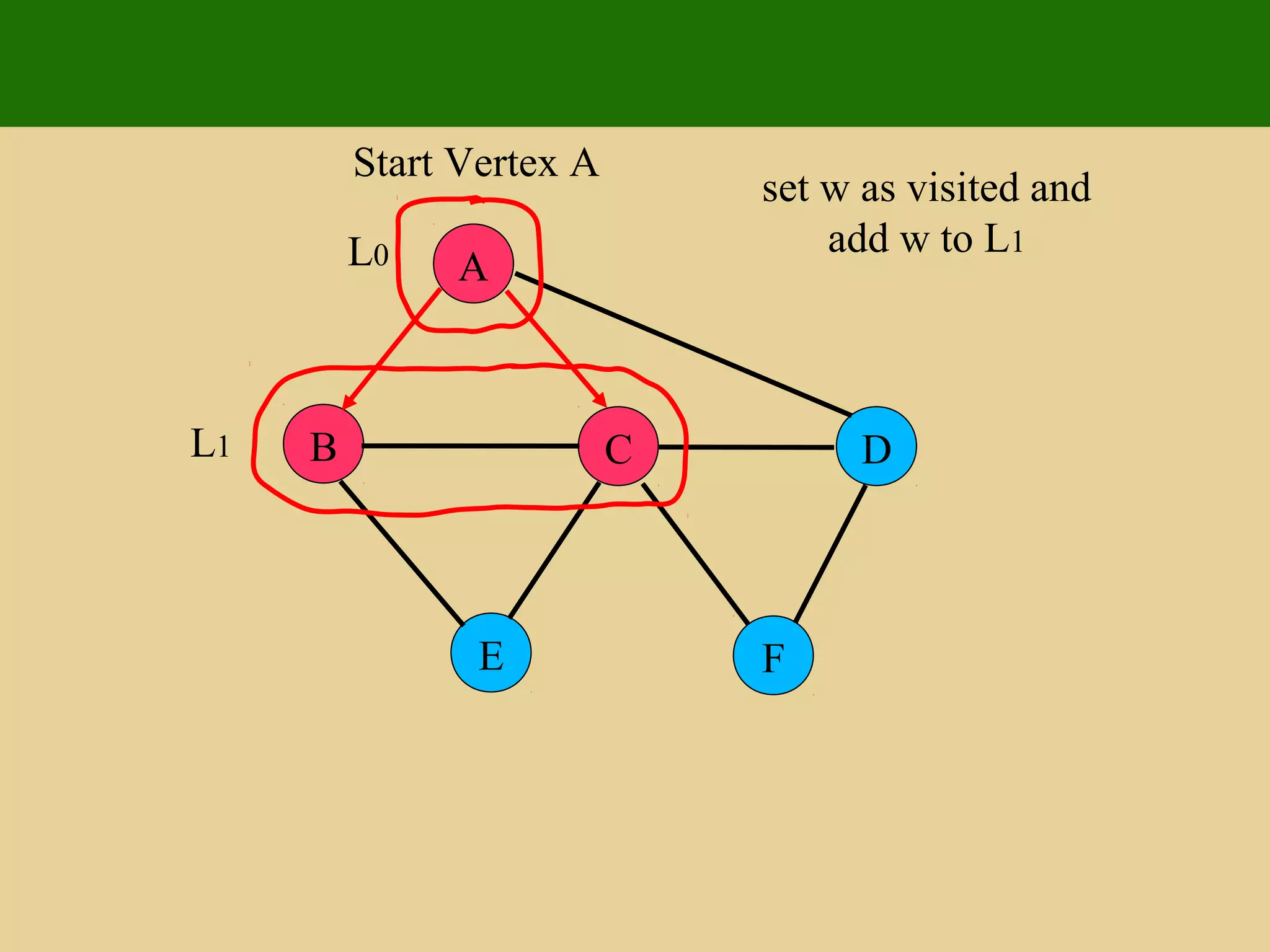 A
E F
B C D
Start Vertex A
set w as visited and
add w to L1L0
L1
 