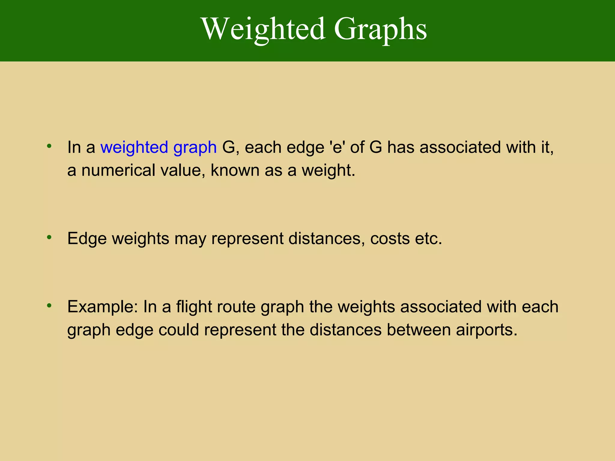 Weighted Graphs
• In a weighted graph G, each edge 'e' of G has associated with it,
a numerical value, known as a weight.
• Edge weights may represent distances, costs etc.
• Example: In a flight route graph the weights associated with each
graph edge could represent the distances between airports.
 