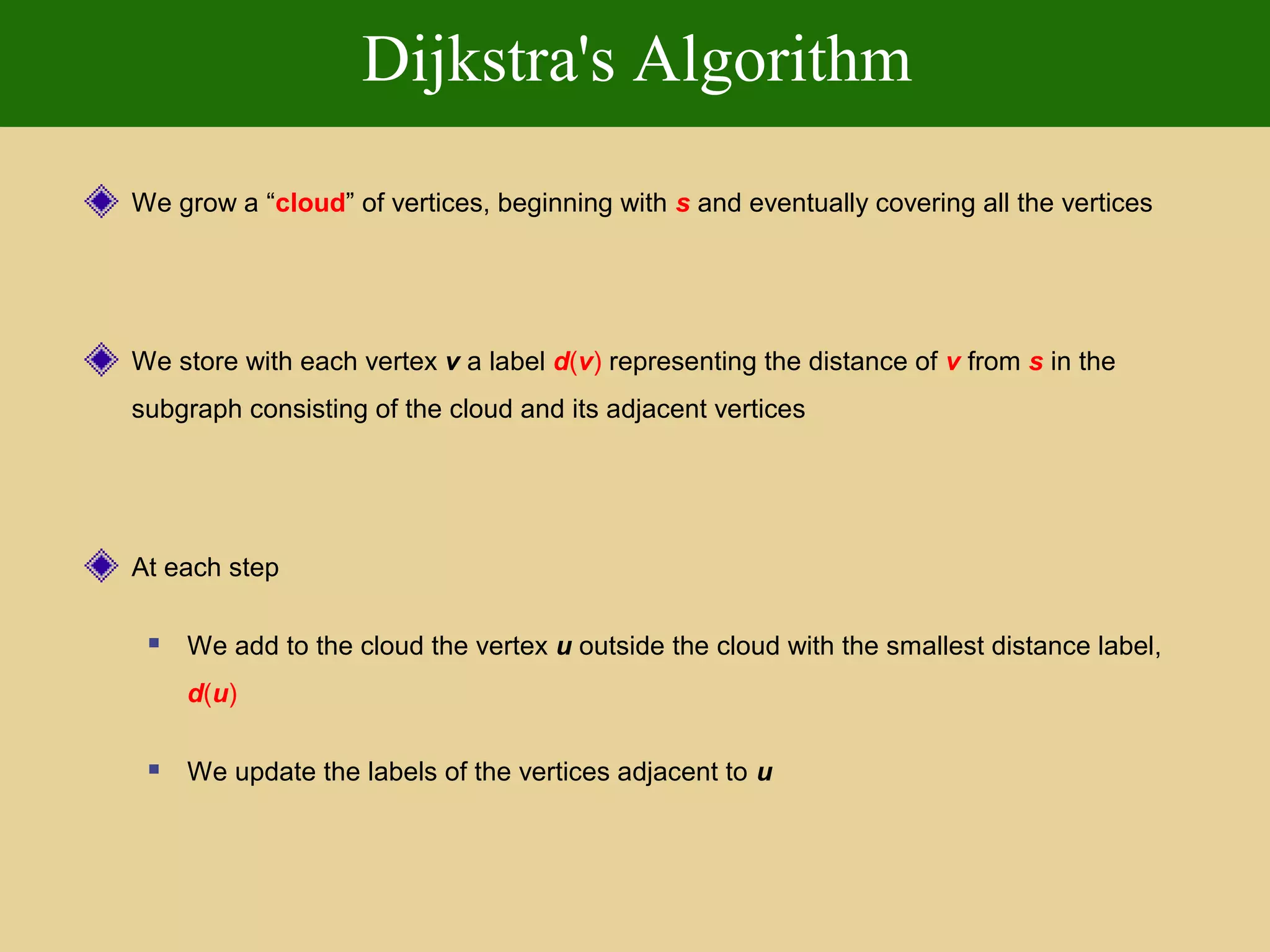Dijkstra's Algorithm
We grow a “cloud” of vertices, beginning with s and eventually covering all the vertices
We store with each vertex v a label d(v) representing the distance of v from s in the
subgraph consisting of the cloud and its adjacent vertices
At each step
 We add to the cloud the vertex u outside the cloud with the smallest distance label,
d(u)
 We update the labels of the vertices adjacent to u
 