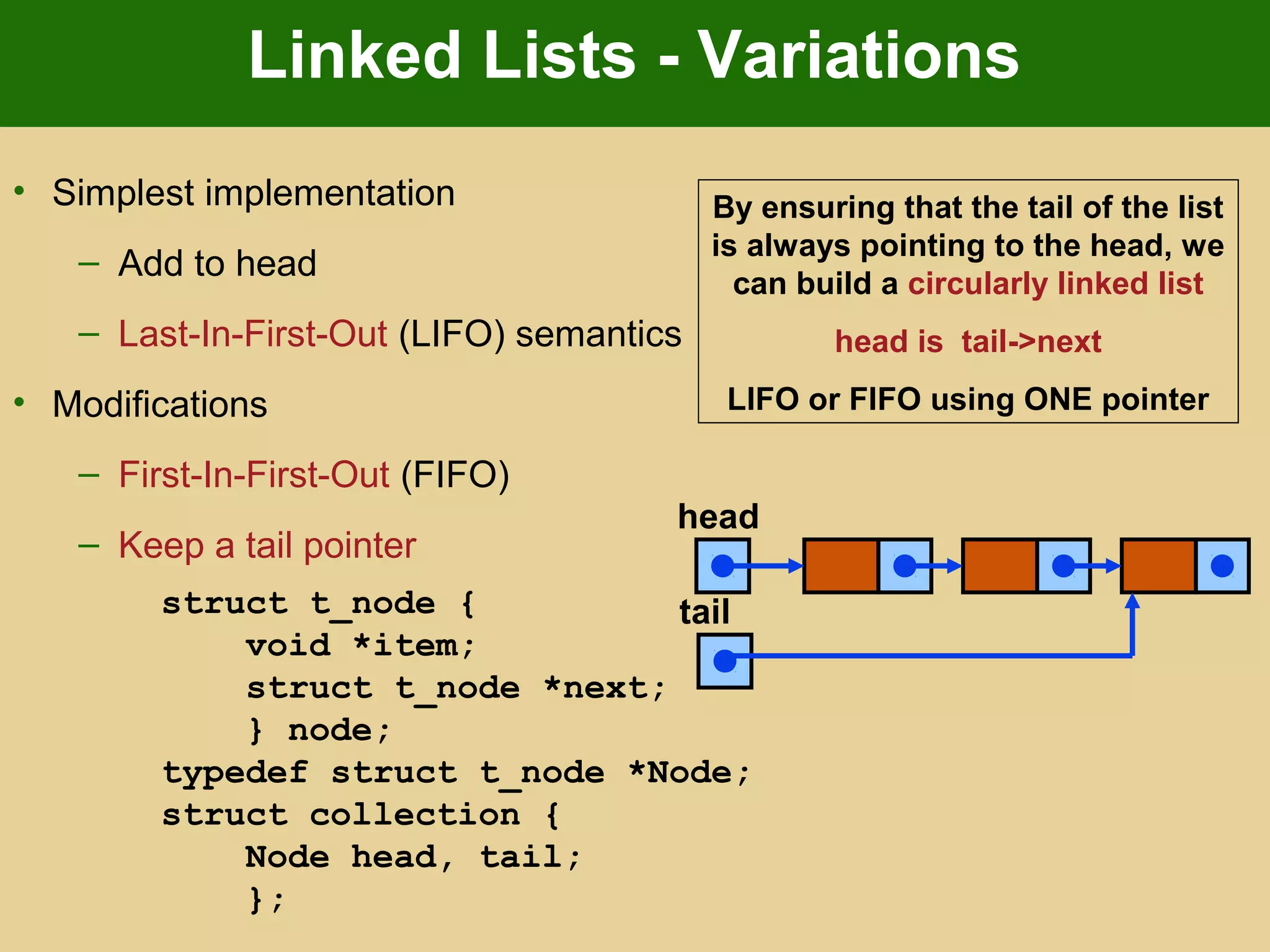 Linked Lists - Variations
• Simplest implementation
– Add to head
– Last-In-First-Out (LIFO) semantics
• Modifications
– First-In-First-Out (FIFO)
– Keep a tail pointer
struct t_node {
void *item;
struct t_node *next;
} node;
typedef struct t_node *Node;
struct collection {
Node head, tail;
};
head
tail
By ensuring that the tail of the list
is always pointing to the head, we
can build a circularly linked list
head is tail->next
LIFO or FIFO using ONE pointer
 