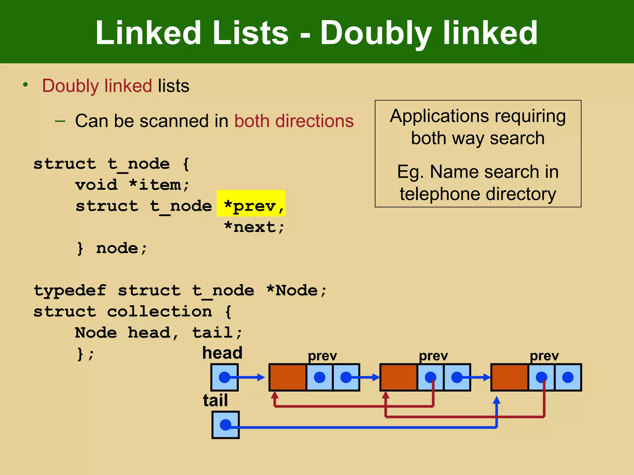 Linked Lists - Doubly linked
• Doubly linked lists
– Can be scanned in both directions
struct t_node {
void *item;
struct t_node *prev,
*next;
} node;
typedef struct t_node *Node;
struct collection {
Node head, tail;
}; head
tail
prev prev prev
Applications requiring
both way search
Eg. Name search in
telephone directory
 