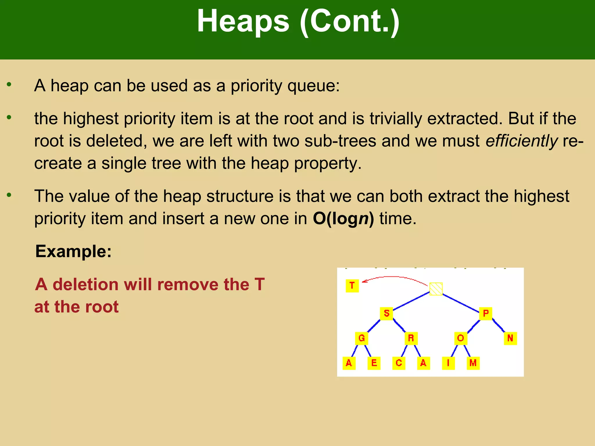 Heaps (Cont.)
• A heap can be used as a priority queue:
• the highest priority item is at the root and is trivially extracted. But if the
root is deleted, we are left with two sub-trees and we must efficiently re-
create a single tree with the heap property.
• The value of the heap structure is that we can both extract the highest
priority item and insert a new one in O(logn) time.
Example:
A deletion will remove the T
at the root
 
