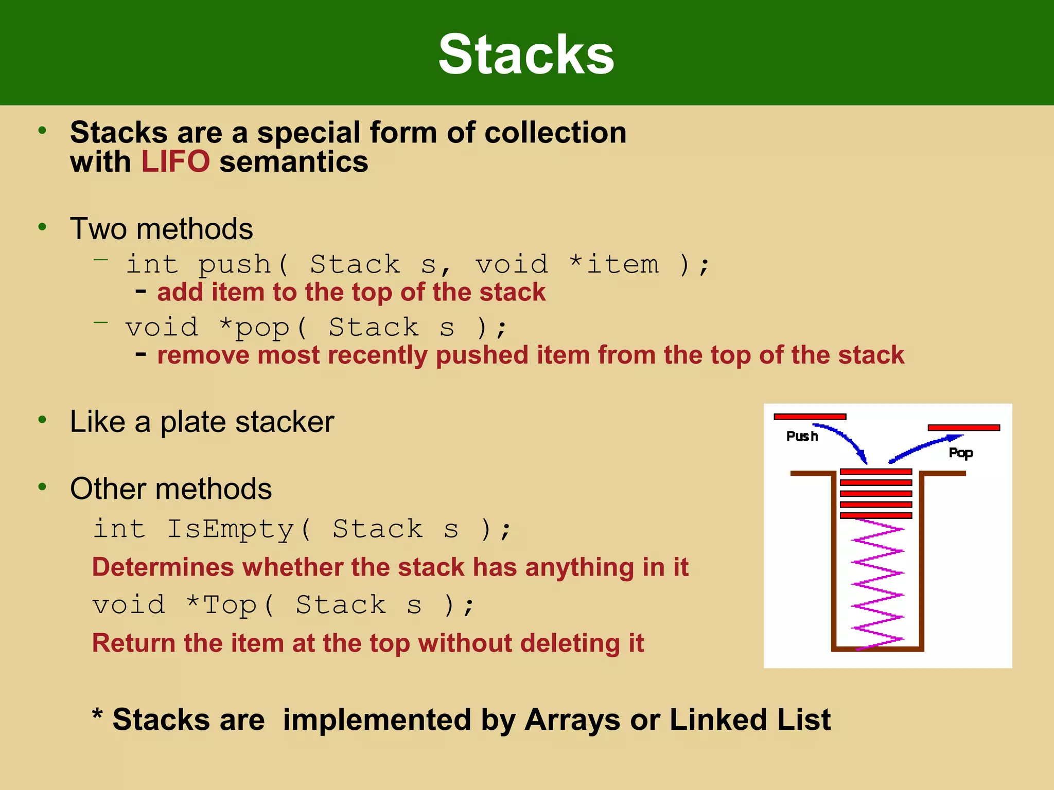 Stacks
• Stacks are a special form of collection
with LIFO semantics
• Two methods
– int push( Stack s, void *item );
- add item to the top of the stack
– void *pop( Stack s );
- remove most recently pushed item from the top of the stack
• Like a plate stacker
• Other methods
int IsEmpty( Stack s );
Determines whether the stack has anything in it
void *Top( Stack s );
Return the item at the top without deleting it
* Stacks are implemented by Arrays or Linked List
 