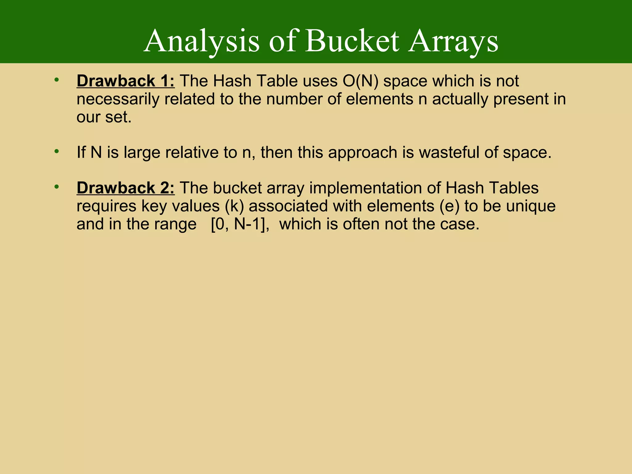 Analysis of Bucket Arrays
• Drawback 1: The Hash Table uses O(N) space which is not
necessarily related to the number of elements n actually present in
our set.
• If N is large relative to n, then this approach is wasteful of space.
• Drawback 2: The bucket array implementation of Hash Tables
requires key values (k) associated with elements (e) to be unique
and in the range [0, N-1], which is often not the case.
 