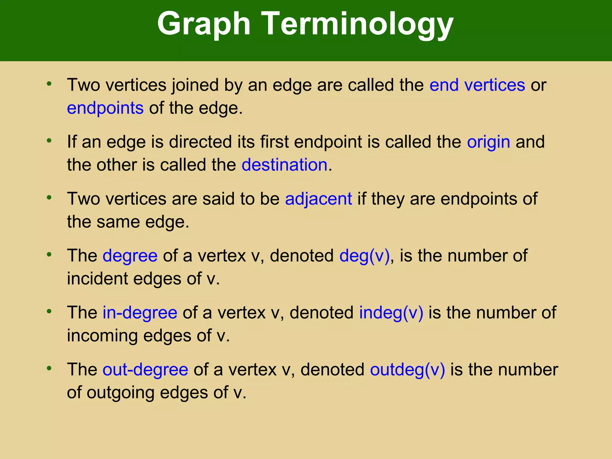 Graph Terminology
• Two vertices joined by an edge are called the end vertices or
endpoints of the edge.
• If an edge is directed its first endpoint is called the origin and
the other is called the destination.
• Two vertices are said to be adjacent if they are endpoints of
the same edge.
• The degree of a vertex v, denoted deg(v), is the number of
incident edges of v.
• The in-degree of a vertex v, denoted indeg(v) is the number of
incoming edges of v.
• The out-degree of a vertex v, denoted outdeg(v) is the number
of outgoing edges of v.
 
