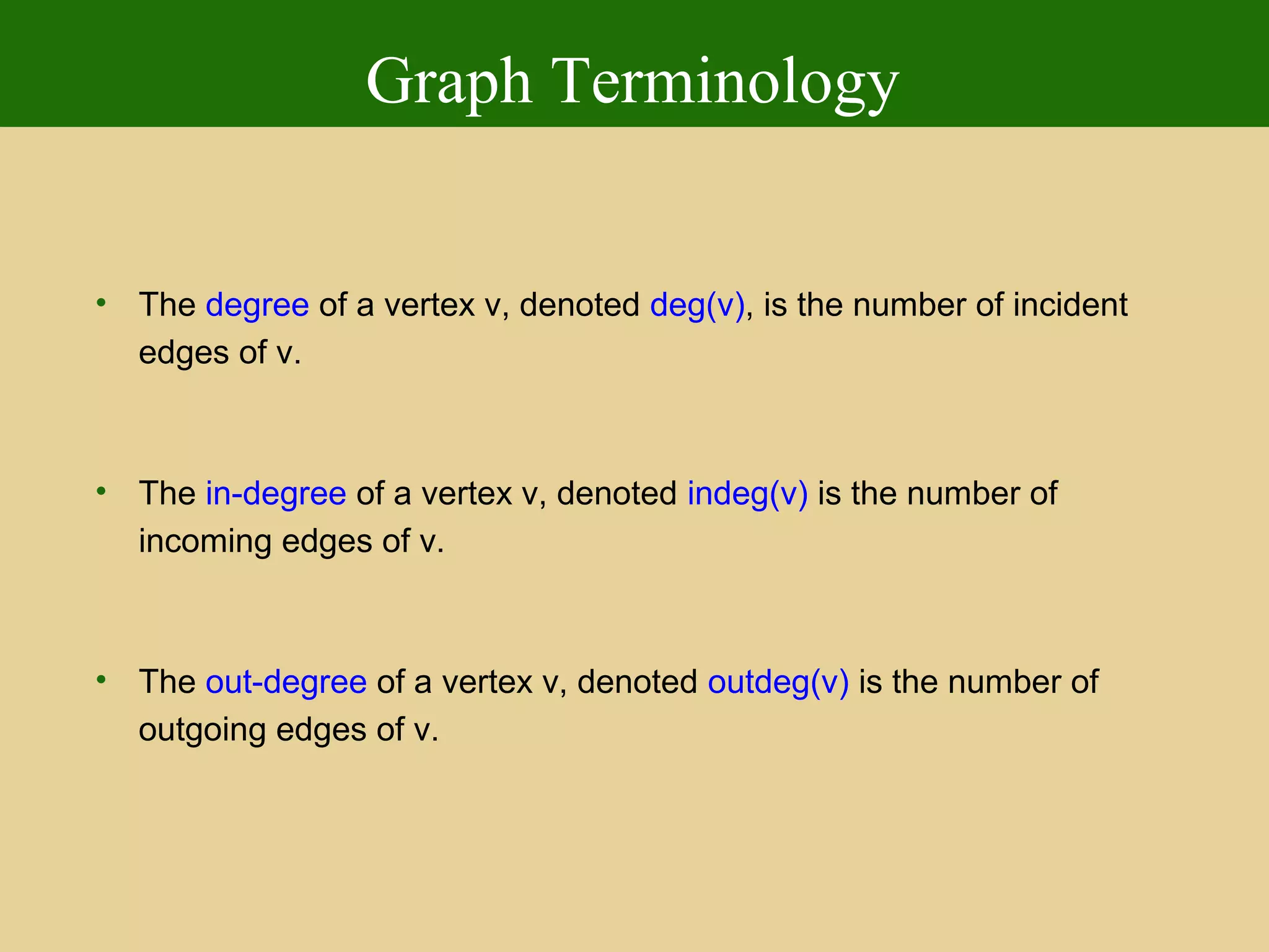 Graph Terminology
• The degree of a vertex v, denoted deg(v), is the number of incident
edges of v.
• The in-degree of a vertex v, denoted indeg(v) is the number of
incoming edges of v.
• The out-degree of a vertex v, denoted outdeg(v) is the number of
outgoing edges of v.
 