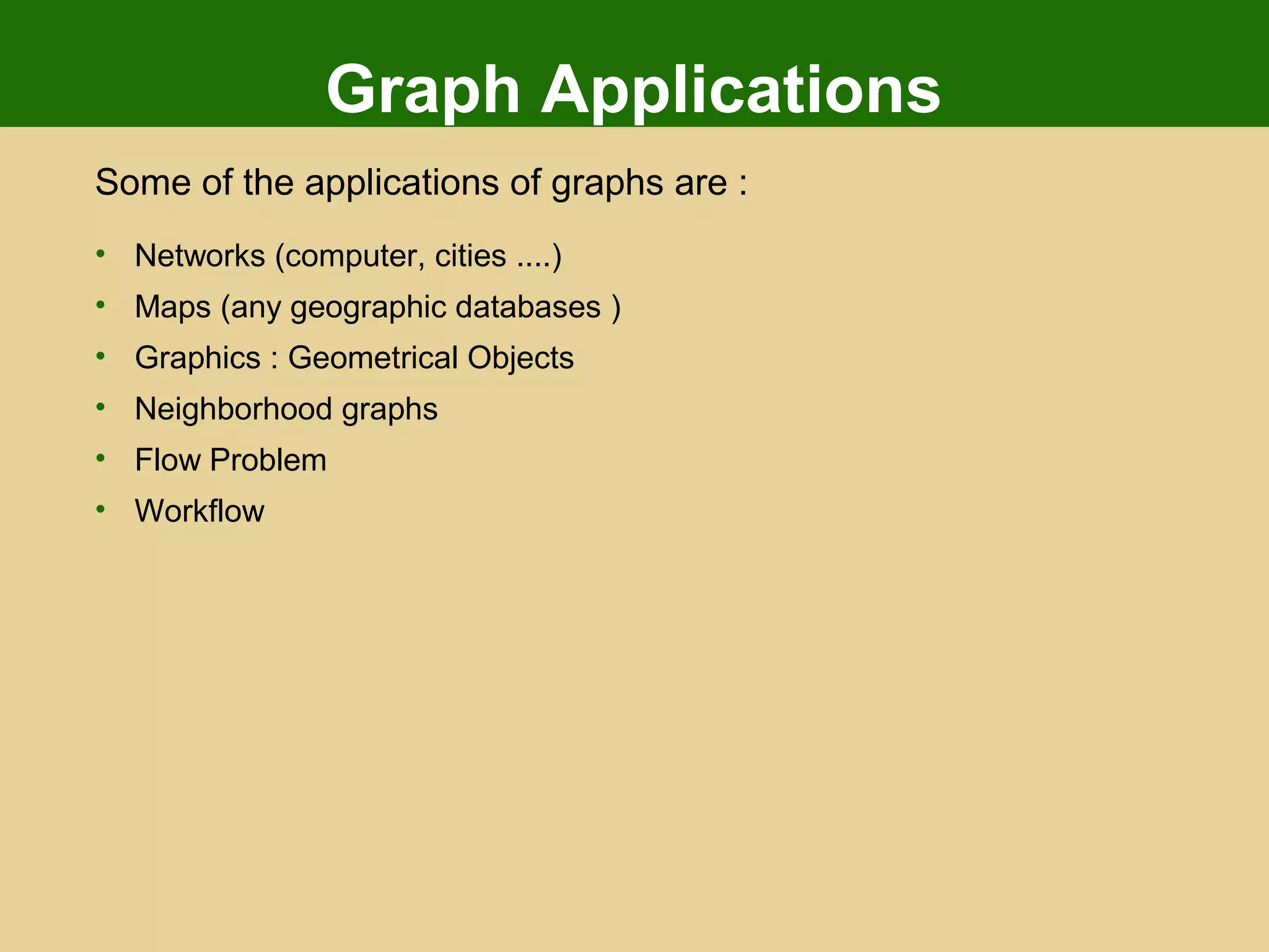 Graph Applications
Some of the applications of graphs are :
• Networks (computer, cities ....)
• Maps (any geographic databases )
• Graphics : Geometrical Objects
• Neighborhood graphs
• Flow Problem
• Workflow
 