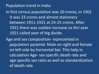 Population trend in India-<br />In first census population was 20 crores, in 1901 it was 23 crores and almost stationary b...