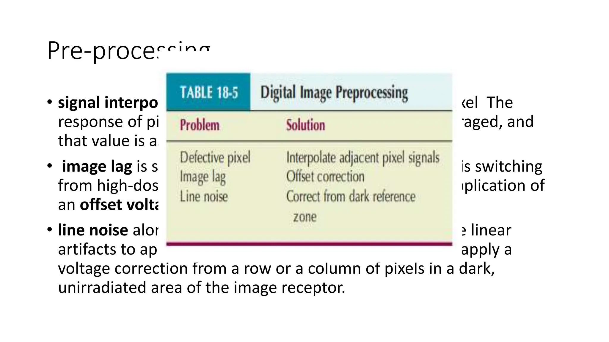 Pre-processing
• signal interpolation- corrects the defective individual pixel The
response of pixels surrounding the defective pixel is averaged, and
that value is assigned to the defective pixel.
• image lag is seen which can be troublesome when one is switching
from high-dose to low-dose techniques can be solved application of
an offset voltage before the next image is acquired.
• line noise along the buses that drives the pixel can cause linear
artifacts to appear on the final image. The solution is to apply a
voltage correction from a row or a column of pixels in a dark,
unirradiated area of the image receptor.
 
