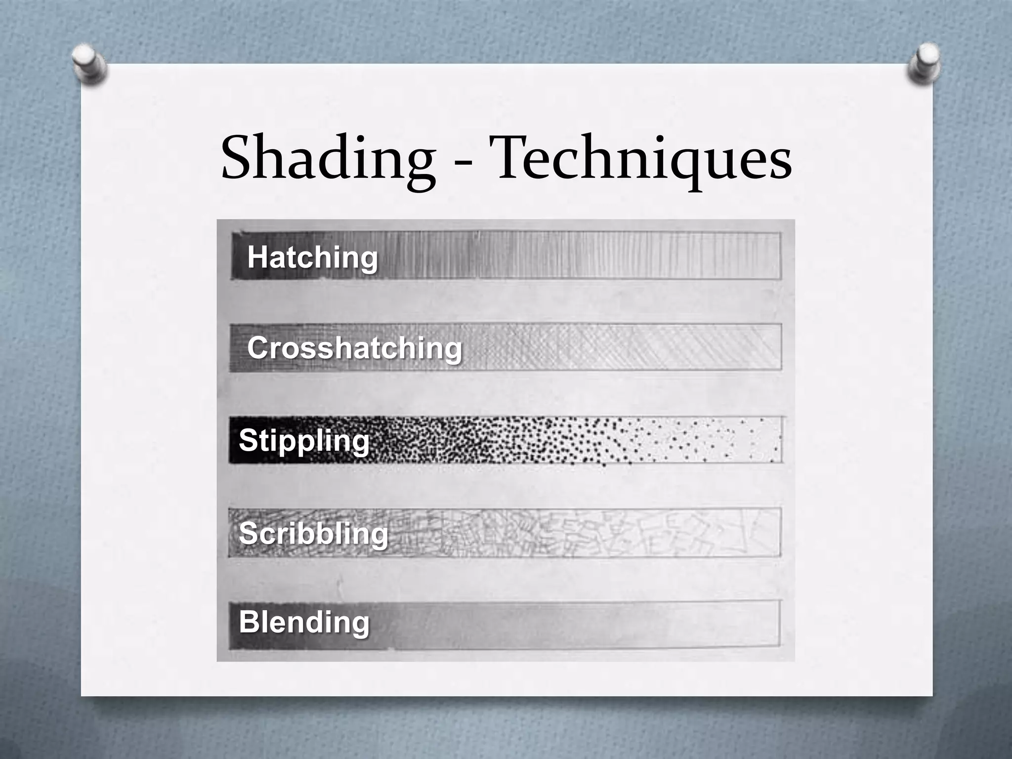 Shading - Techniques
Hatching
Crosshatching
Stippling
Scribbling
Blending

 