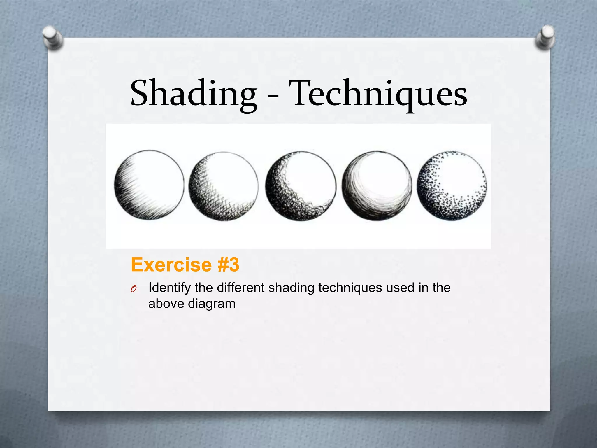 Shading - Techniques

Exercise #3
O

Identify the different shading techniques used in the
above diagram

 