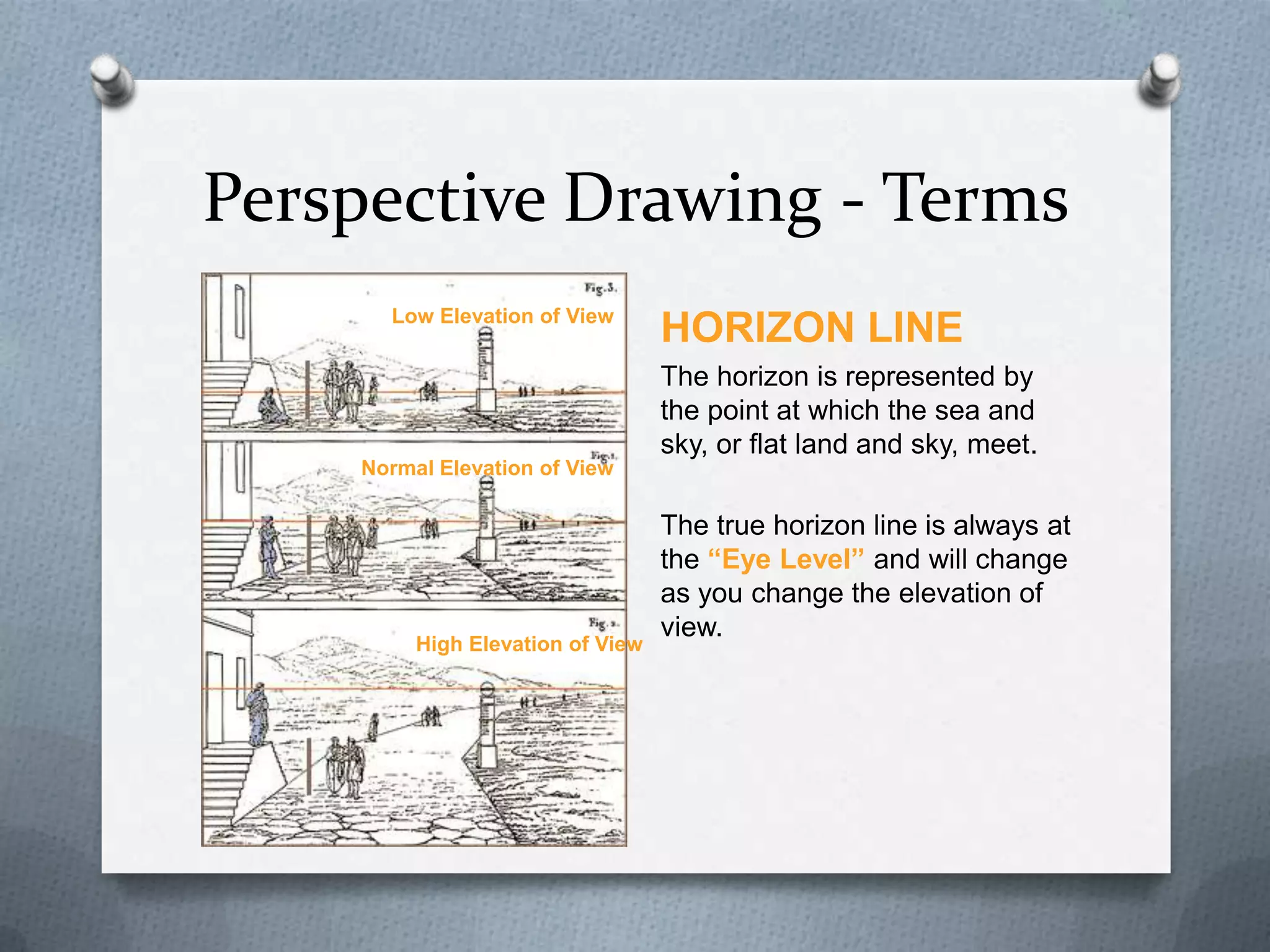 Perspective Drawing - Terms
Low Elevation of View

HORIZON LINE
The horizon is represented by
the point at which the sea and
sky, or flat land and sky, meet.

Normal Elevation of View

High Elevation of View

The true horizon line is always at
the “Eye Level” and will change
as you change the elevation of
view.

 