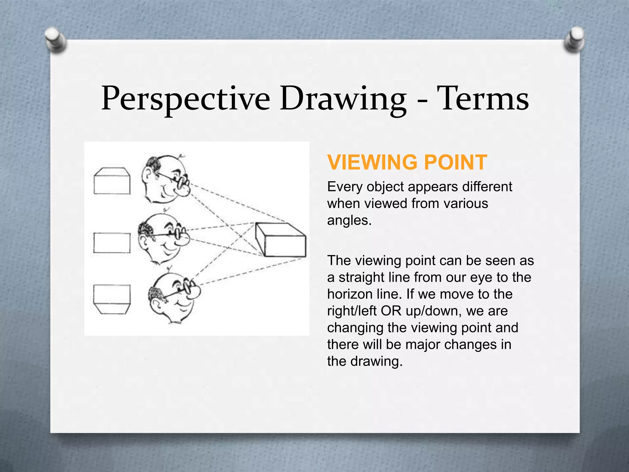 Perspective Drawing - Terms
VIEWING POINT
Every object appears different
when viewed from various
angles.

The viewing point can be seen as
a straight line from our eye to the
horizon line. If we move to the
right/left OR up/down, we are
changing the viewing point and
there will be major changes in
the drawing.

 