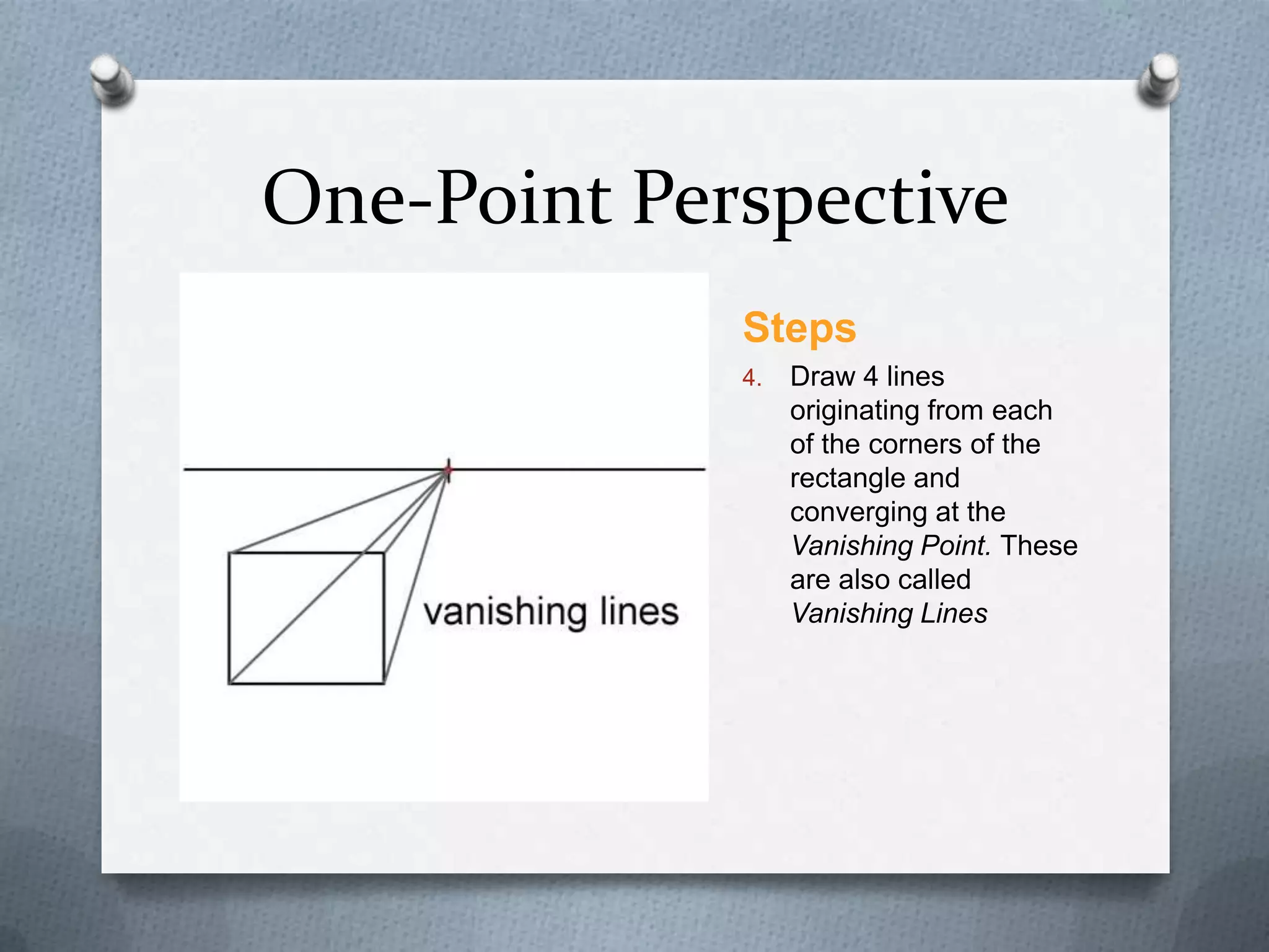 One-Point Perspective
Steps
4.

Draw 4 lines
originating from each
of the corners of the
rectangle and
converging at the
Vanishing Point. These
are also called
Vanishing Lines

 
