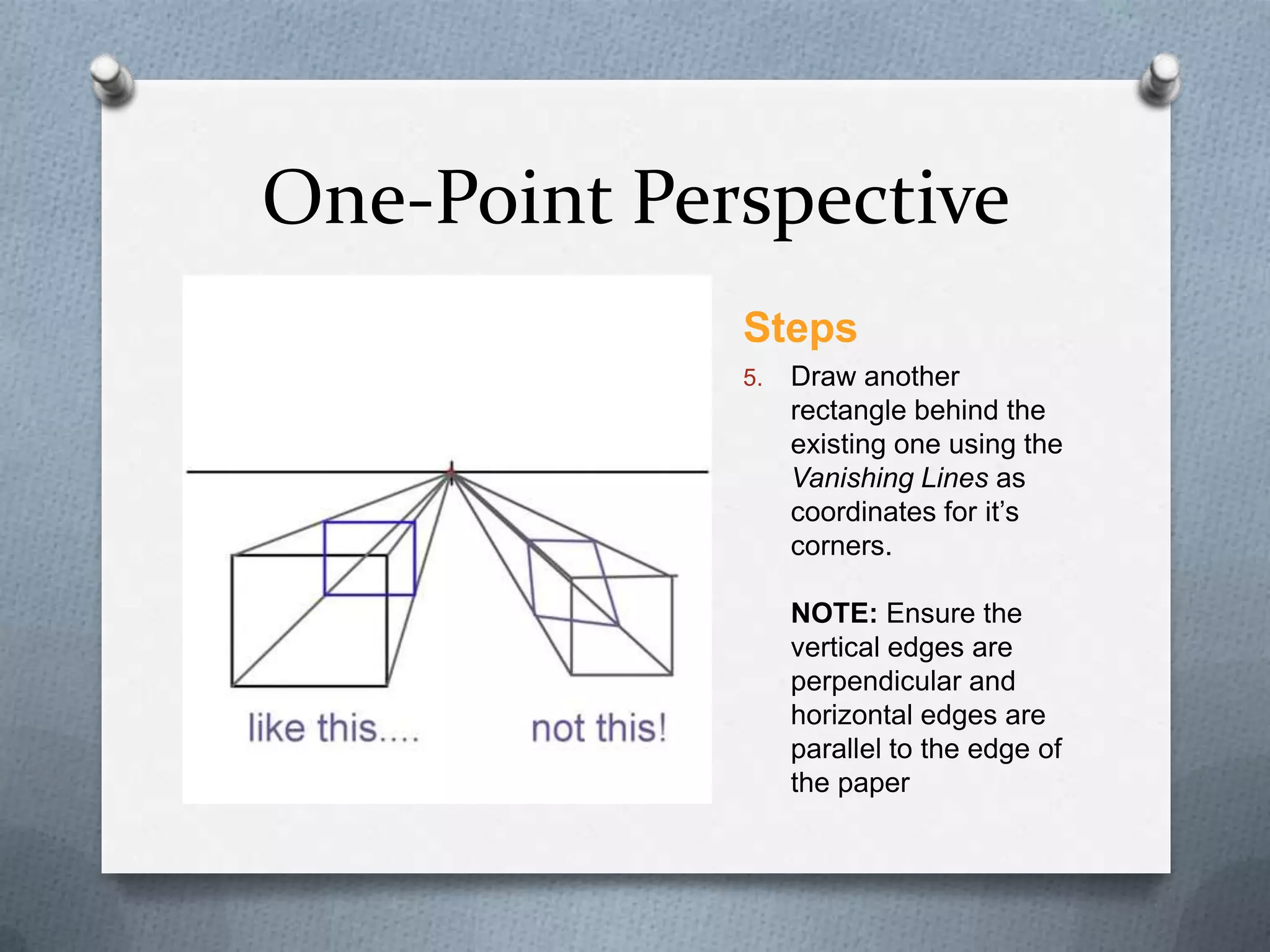 One-Point Perspective
Steps
5.

Draw another
rectangle behind the
existing one using the
Vanishing Lines as
coordinates for it’s
corners.
NOTE: Ensure the
vertical edges are
perpendicular and
horizontal edges are
parallel to the edge of
the paper

 