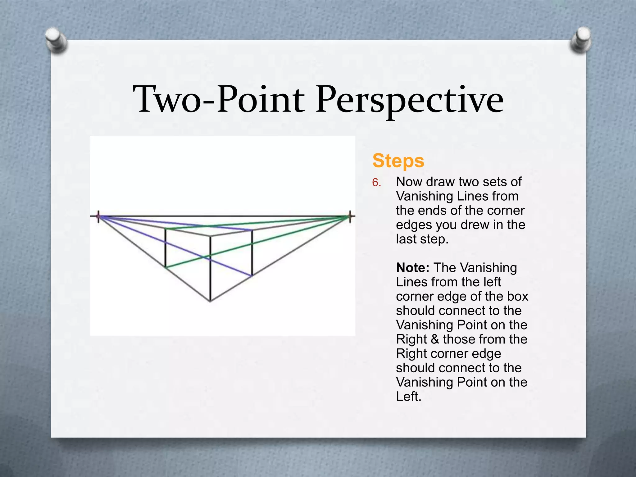 Two-Point Perspective
Steps
6.

Now draw two sets of
Vanishing Lines from
the ends of the corner
edges you drew in the
last step.
Note: The Vanishing
Lines from the left
corner edge of the box
should connect to the
Vanishing Point on the
Right & those from the
Right corner edge
should connect to the
Vanishing Point on the
Left.

 
