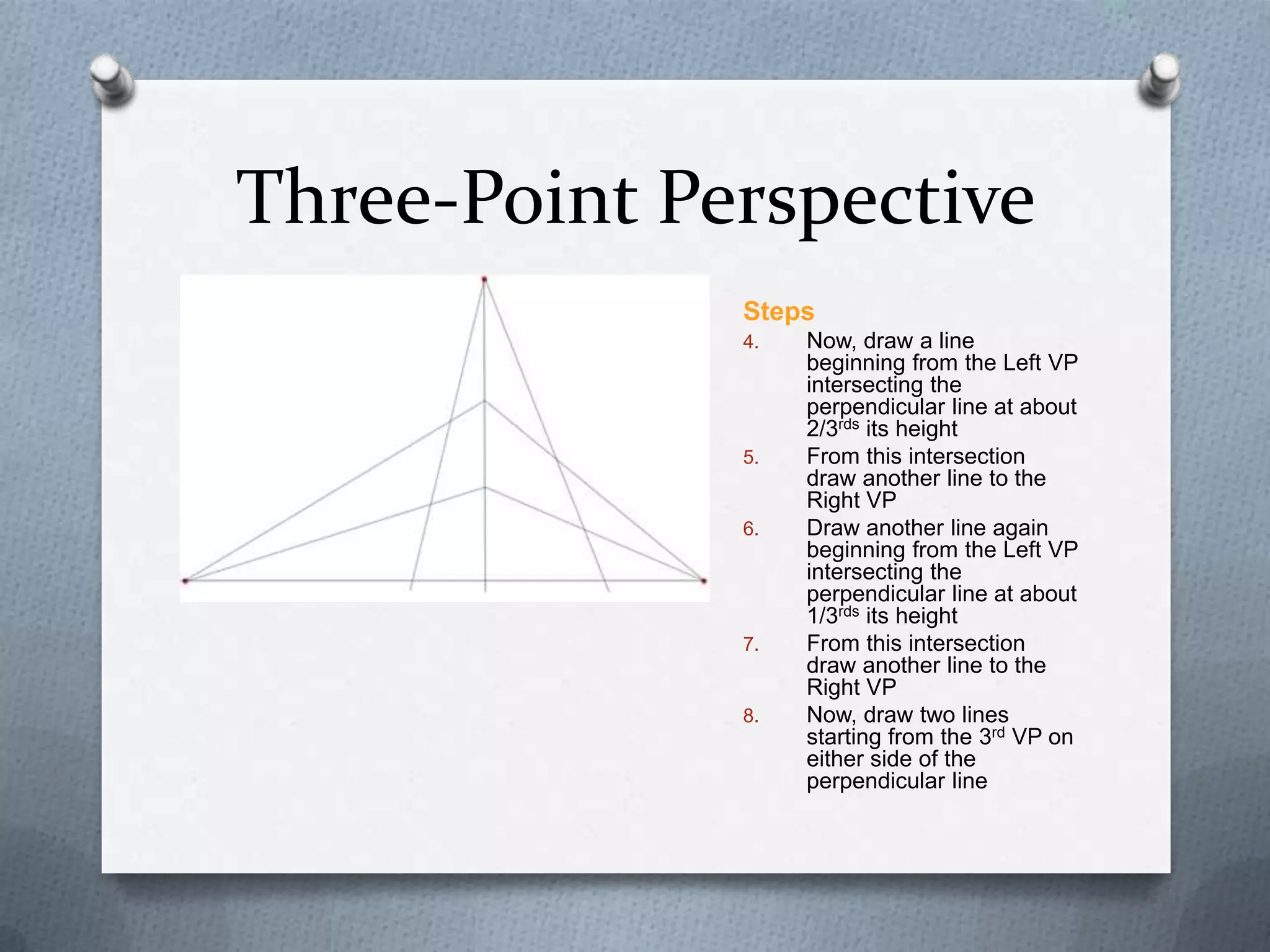 Three-Point Perspective
Steps
4.

5.

6.

7.

8.

Now, draw a line
beginning from the Left VP
intersecting the
perpendicular line at about
2/3rds its height
From this intersection
draw another line to the
Right VP
Draw another line again
beginning from the Left VP
intersecting the
perpendicular line at about
1/3rds its height
From this intersection
draw another line to the
Right VP
Now, draw two lines
starting from the 3rd VP on
either side of the
perpendicular line

 
