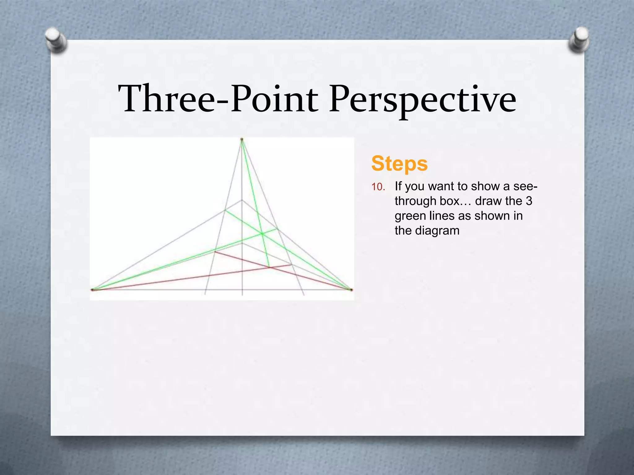 Three-Point Perspective
Steps
10. If you want to show a see-

through box… draw the 3
green lines as shown in
the diagram

 