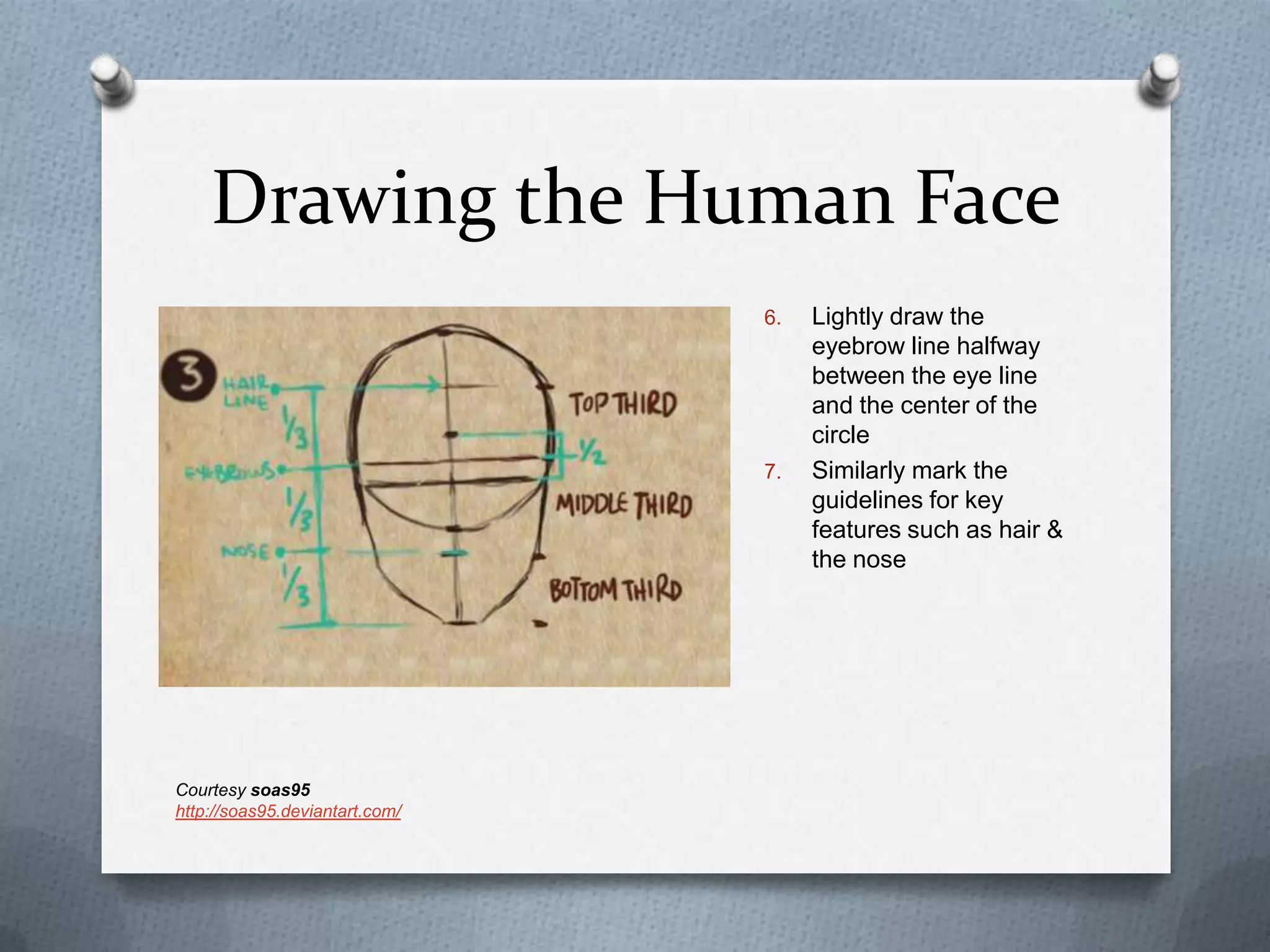 Drawing the Human Face
6.

7.

Courtesy soas95
http://soas95.deviantart.com/

Lightly draw the
eyebrow line halfway
between the eye line
and the center of the
circle
Similarly mark the
guidelines for key
features such as hair &
the nose

 
