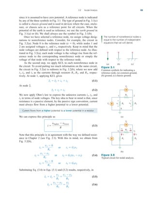 since it is assumed to have zero potential. A reference node is indicated
by any of the three symbols in Fig. 3.1. The type of ground in Fig. 3.1(c)
is called a chassis ground and is used in devices where the case, enclo-
sure, or chassis acts as a reference point for all circuits. When the
potential of the earth is used as reference, we use the earth ground in
Fig. 3.1(a) or (b). We shall always use the symbol in Fig. 3.1(b).
Once we have selected a reference node, we assign voltage desig-
nations to nonreference nodes. Consider, for example, the circuit in
Fig. 3.2(a). Node 0 is the reference node while nodes 1 and
2 are assigned voltages and respectively. Keep in mind that the
node voltages are defined with respect to the reference node. As illus-
trated in Fig. 3.2(a), each node voltage is the voltage rise from the ref-
erence node to the corresponding nonreference node or simply the
voltage of that node with respect to the reference node.
As the second step, we apply KCL to each nonreference node in
the circuit. To avoid putting too much information on the same circuit,
the circuit in Fig. 3.2(a) is redrawn in Fig. 3.2(b), where we now add
and as the currents through resistors and respec-
tively. At node 1, applying KCL gives
(3.1)
At node 2,
(3.2)
We now apply Ohm’s law to express the unknown currents and
in terms of node voltages. The key idea to bear in mind is that, since
resistance is a passive element, by the passive sign convention, current
must always flow from a higher potential to a lower potential.
i3
i1, i2,
I2  i2  i3
I1  I2  i1  i2
R3,
R1, R2,
i3
i1, i2,
v2,
v1
(v  0),
3.2 Nodal Analysis 83
The number of nonreference nodes is
equal to the number of independent
equations that we will derive.
Figure 3.1
Common symbols for indicating a
reference node, (a) common ground,
(b) ground, (c) chassis ground.
(a) (b) (c)
Figure 3.2
Typical circuit for nodal analysis.
Current flows from a higher potential to a lower potential in a resistor.
We can express this principle as
(3.3)
Note that this principle is in agreement with the way we defined resist-
ance in Chapter 2 (see Fig. 2.1). With this in mind, we obtain from
Fig. 3.2(b),
(3.4)
Substituting Eq. (3.4) in Eqs. (3.1) and (3.2) results, respectively, in
(3.5)
(3.6)
I2 
v1  v2
R2

v2
R3
I1  I2 
v1
R1

v1  v2
R2
i3 
v2  0
R3
or i3  G3v2
i2 
v1  v2
R2
or i2  G2 (v1  v2)
i1 
v1  0
R1
or i1  G1v1
i 
vhigher  vlower
R
(a)
(b)
1 2
v1
i1
i2 i2
i3
v2
I2
0
R3
v2
+
−
R3
R1
v1
+
−
R1
I1
I2
R2
R2
I1
ale29559_ch03.qxd 07/08/2008 10:46 AM Page 83
 