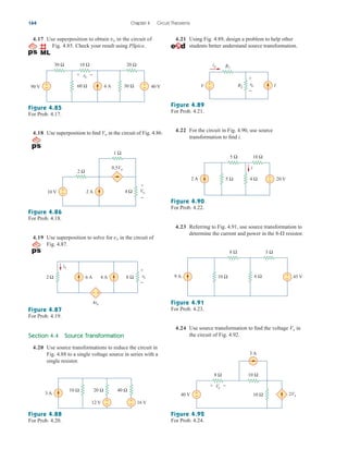 4.17 Use superposition to obtain in the circuit of
Fig. 4.85. Check your result using PSpice.
vx
Figure 4.85
For Prob. 4.17.
4.18 Use superposition to find in the circuit of Fig. 4.86.
Vo
Figure 4.86
For Prob. 4.18.
4.19 Use superposition to solve for in the circuit of
Fig. 4.87.
vx
Figure 4.87
For Prob. 4.19.
Section 4.4 Source Transformation
4.20 Use source transformations to reduce the circuit in
Fig. 4.88 to a single voltage source in series with a
single resistor.
4.21 Using Fig. 4.89, design a problem to help other
students better understand source transformation.
Figure 4.89
For Prob. 4.21.
4.22 For the circuit in Fig. 4.90, use source
transformation to find i.
Figure 4.90
For Prob. 4.22.
4.23 Referring to Fig. 4.91, use source transformation to
determine the current and power in the resistor.
8-
Figure 4.91
For Prob. 4.23.
4.24 Use source transformation to find the voltage in
the circuit of Fig. 4.92.
Vx
164 Chapter 4 Circuit Theorems
90 V 6 A
30 Ω 10 Ω 20 Ω
60 Ω 30 Ω
+
− 40 V
+
−
+ −
vx
1 Ω
2 Ω
0.5Vo
2 A 4 Ω
10 V +
− Vo
+
−
8 Ω
2 Ω 6 A 4 A
− +
ix
4ix
+
−
vx
3 A
16 V
12 V +
−
+
−
20 Ω
10 Ω 40 Ω
Figure 4.88
For Prob. 4.20.
V I
R1
R2
+
−
io
+
−
vo
5 Ω 10 Ω
4 Ω
5 Ω
2 A 20 V
+
−
i
9 A 45 V
3 Ω
8 Ω
10 Ω 6 Ω −
+
40 V +
− 10 Ω 2Vx
3 A
10 Ω
8 Ω
Vx
+ −
Figure 4.92
For Prob. 4.24.
ale29559_ch04.qxd 07/08/2008 10:56 AM Page 164
 