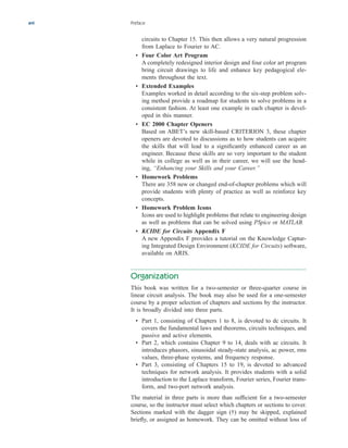 circuits to Chapter 15. This then allows a very natural progression
from Laplace to Fourier to AC.
• Four Color Art Program
A completely redesigned interior design and four color art program
bring circuit drawings to life and enhance key pedagogical ele-
ments throughout the text.
• Extended Examples
Examples worked in detail according to the six-step problem solv-
ing method provide a roadmap for students to solve problems in a
consistent fashion. At least one example in each chapter is devel-
oped in this manner.
• EC 2000 Chapter Openers
Based on ABET’s new skill-based CRITERION 3, these chapter
openers are devoted to discussions as to how students can acquire
the skills that will lead to a significantly enhanced career as an
engineer. Because these skills are so very important to the student
while in college as well as in their career, we will use the head-
ing, “Enhancing your Skills and your Career.”
• Homework Problems
There are 358 new or changed end-of-chapter problems which will
provide students with plenty of practice as well as reinforce key
concepts.
• Homework Problem Icons
Icons are used to highlight problems that relate to engineering design
as well as problems that can be solved using PSpice or MATLAB.
• KCIDE for Circuits Appendix F
A new Appendix F provides a tutorial on the Knowledge Captur-
ing Integrated Design Environment (KCIDE for Circuits) software,
available on ARIS.
Organization
This book was written for a two-semester or three-quarter course in
linear circuit analysis. The book may also be used for a one-semester
course by a proper selection of chapters and sections by the instructor.
It is broadly divided into three parts.
• Part 1, consisting of Chapters 1 to 8, is devoted to dc circuits. It
covers the fundamental laws and theorems, circuits techniques, and
passive and active elements.
• Part 2, which contains Chapter 9 to 14, deals with ac circuits. It
introduces phasors, sinusoidal steady-state analysis, ac power, rms
values, three-phase systems, and frequency response.
• Part 3, consisting of Chapters 15 to 19, is devoted to advanced
techniques for network analysis. It provides students with a solid
introduction to the Laplace transform, Fourier series, Fourier trans-
form, and two-port network analysis.
The material in three parts is more than sufficient for a two-semester
course, so the instructor must select which chapters or sections to cover.
Sections marked with the dagger sign (†) may be skipped, explained
briefly, or assigned as homework. They can be omitted without loss of
xvi Preface
ale29559_fm.qxd 07/28/2008 11:54 AM Page xvi
 