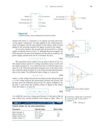 marked with minus () and plus () to specify inverting and nonin-
verting inputs, respectively. An input applied to the noninverting ter-
minal will appear with the same polarity at the output, while an input
applied to the inverting terminal will appear inverted at the output.
As an active element, the op amp must be powered by a voltage
supply as typically shown in Fig. 5.3. Although the power supplies are
often ignored in op amp circuit diagrams for the sake of simplicity, the
power supply currents must not be overlooked. By KCL,
(5.1)
The equivalent circuit model of an op amp is shown in Fig. 5.4.
The output section consists of a voltage-controlled source in series with
the output resistance Ro. It is evident from Fig. 5.4 that the input resis-
tance Ri is the Thevenin equivalent resistance seen at the input termi-
nals, while the output resistance Ro is the Thevenin equivalent resistance
seen at the output. The differential input voltage vd is given by
(5.2)
where v1 is the voltage between the inverting terminal and ground and
v2 is the voltage between the noninverting terminal and ground. The
op amp senses the difference between the two inputs, multiplies it by
the gain A, and causes the resulting voltage to appear at the output.
Thus, the output vo is given by
(5.3)
A is called the open-loop voltage gain because it is the gain of the op
amp without any external feedback from output to input. Table 5.1
vo  Avd  A(v2  v1)
vd  v2  v1
io  i1  i2  i  i
5.2 Operational Amplifiers 177
Figure 5.2
A typical op amp: (a) pin configuration, (b) circuit symbol.
+
−
1
Balance
2
Inverting input
3
Noninverting input
4
V− 5 Balance
6 Output
7 V+
8 No connection
(a) (b)
2
Inverting input
3
Noninverting input
4
V−
V+
1 5
Offset Null
6 Output
7
7
4
6
VCC
VCC
+
−
+
−
io
i1
i2
i+
i−
2
3
v1
v2
vo
+
−
+
−
vd Ri
Ro
Avd
Figure 5.3
Powering the op amp.
Figure 5.4
The equivalent circuit of the nonideal
op amp.
Sometimes, voltage gain is expressed
in decibels (dB), as discussed in
Chapter 14.
A dB  20 log10 A
TABLE 5.1
Typical ranges for op amp parameters.
Parameter Typical range Ideal values
Open-loop gain, A 105
to 108

Input resistance, Ri 105
to 1013
 
Output resistance, Ro 10 to 100  0
Supply voltage, VCC 5 to 24 V
ale29559_ch05.qxd 07/16/2008 05:19 PM Page 177
 