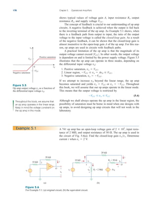 shows typical values of voltage gain A, input resistance Ri, output
resistance Ro, and supply voltage VCC.
The concept of feedback is crucial to our understanding of op amp
circuits. A negative feedback is achieved when the output is fed back
to the inverting terminal of the op amp. As Example 5.1 shows, when
there is a feedback path from output to input, the ratio of the output
voltage to the input voltage is called the closed-loop gain. As a result
of the negative feedback, it can be shown that the closed-loop gain is
almost insensitive to the open-loop gain A of the op amp. For this rea-
son, op amps are used in circuits with feedback paths.
A practical limitation of the op amp is that the magnitude of its
output voltage cannot exceed |VCC |. In other words, the output voltage
is dependent on and is limited by the power supply voltage. Figure 5.5
illustrates that the op amp can operate in three modes, depending on
the differential input voltage vd:
1. Positive saturation, vo  VCC.
2. Linear region, VCC  vo  Avd  VCC.
3. Negative saturation, vo  VCC.
If we attempt to increase vd beyond the linear range, the op amp
becomes saturated and yields vo  VCC or vo  VCC. Throughout
this book, we will assume that our op amps operate in the linear mode.
This means that the output voltage is restricted by
(5.4)
Although we shall always operate the op amp in the linear region, the
possibility of saturation must be borne in mind when one designs with
op amps, to avoid designing op amp circuits that will not work in the
laboratory.
VCC  vo  VCC
178 Chapter 5 Operational Amplifiers
Example 5.1 A 741 op amp has an open-loop voltage gain of 2  105
, input resis-
tance of 2 M, and output resistance of 50 . The op amp is used in
the circuit of Fig. 5.6(a). Find the closed-loop gain vovs. Determine
current i when vs  2 V.
Throughout this book, we assume that
an op amp operates in the linear range.
Keep in mind the voltage constraint on
the op amp in this mode.
Figure 5.5
Op amp output voltage vo as a function of
the differential input voltage vd.
Positive saturation
Negative saturation
vd
vo
VCC
−VCC
0
10 kΩ
20 kΩ
vs
i
vo
+
−
+
−
1
O
(a) (b)
+
−
741
10 kΩ
20 kΩ
vs
i
i
Ro = 50 Ω
Ri = 2 MΩ
+
−
1 O
+
− Avd
v1 vo
−
+
vd
Figure 5.6
For Example 5.1: (a) original circuit, (b) the equivalent circuit.
ale29559_ch05.qxd 07/16/2008 05:19 PM Page 178
 