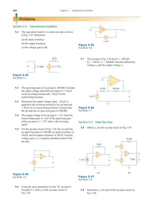 5.6 Using the same parameters for the 741 op amp in
Example 5.1, find vo in the op amp circuit of
Fig. 5.45.
5.9 Determine vo for each of the op amp circuits in
Fig. 5.48.
202 Chapter 5 Operational Amplifiers
Problems
Section 5.2 Operational Amplifiers
5.1 The equivalent model of a certain op amp is shown
in Fig. 5.43. Determine:
(a) the input resistance
(b) the output resistance
(c) the voltage gain in dB.
5.7 The op amp in Fig. 5.46 has Ri  100 k,
Ro  100 , A  100,000. Find the differential
voltage vd and the output voltage vo.
Figure 5.45
For Prob. 5.6.
Figure 5.46
For Prob. 5.7.
Figure 5.47
For Prob. 5.8.
Figure 5.44
For Prob. 5.5.
Figure 5.43
For Prob. 5.1.
60 Ω
+
−
vd +
−
1.5 MΩ 8 × 104
vd
5.2 The open-loop gain of an op amp is 100,000. Calculate
the output voltage when there are inputs of 10 V
on the inverting terminal and 20 V on the
noninverting terminal.
5.3 Determine the output voltage when 20 V is
applied to the inverting terminal of an op amp and
30 V to its noninverting terminal. Assume that
the op amp has an open-loop gain of 200,000.
5.4 The output voltage of an op amp is 4 V when the
noninverting input is 1 mV. If the open-loop gain
of the op amp is 2  106
, what is the inverting
input?
5.5 For the op amp circuit of Fig. 5.44, the op amp has
an open-loop gain of 100,000, an input resistance of
10 k, and an output resistance of 100 . Find the
voltage gain vovi using the nonideal model of the
op amp.
+
−
+
−
vo
vi
+
−
+
−
+ −
vo
741
1 mV
−
+
+
−
10 kΩ 100 kΩ
vo
vd
+
−
1 mV
+
−
Section 5.3 Ideal Op Amp
5.8 Obtain vo for the op amp circuit in Fig. 5.47.
5 kΩ
(a)
vo
+
−
1 mA
3 V
10 kΩ
(b)
vo
+
−
7 V 2 kΩ
+
−
+
−
+
− +
−
ale29559_ch05.qxd 07/16/2008 05:19 PM Page 202
 