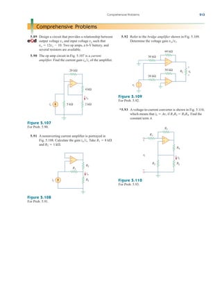 Comprehensive Problems 213
Figure 5.107
For Prob. 5.90.
Figure 5.109
For Prob. 5.92.
Figure 5.110
For Prob. 5.93.
Figure 5.108
For Prob. 5.91.
Comprehensive Problems
5.89 Design a circuit that provides a relationship between
output voltage vo and input voltage vs such that
vo  12vs  10. Two op amps, a 6-V battery, and
several resistors are available.
5.90 The op amp circuit in Fig. 5.107 is a current
amplifier. Find the current gain iois of the amplifier.
5.92 Refer to the bridge amplifier shown in Fig. 5.109.
Determine the voltage gain vovi.
5.91 A noninverting current amplifier is portrayed in
Fig. 5.108. Calculate the gain iois. Take R1  8 k
and R2  1 k.
*5.93 A voltage-to-current converter is shown in Fig. 5.110,
which means that iL  Avi if R1R2  R3R4. Find the
constant term A.
+
−
20 kΩ
4 kΩ
5 kΩ 2 kΩ
is
io
+
−
R1
R2
R2
is
io
+
−
60 kΩ
vi
vo
RL
+
−
+
−
+
−
50 kΩ
20 kΩ
30 kΩ
+
−
R3
R1
iL
R2
vi
RL
R4
+
−
ale29559_ch05.qxd 07/16/2008 05:20 PM Page 213
 