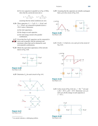 (b) For two capacitors in parallel as in Fig. 6.59(b),
show that the current-division rule is
assuming that the initial conditions are zero.
6.26 Three capacitors, and
are connected in parallel across a
150-V source. Determine:
(a) the total capacitance,
(b) the charge on each capacitor,
(c) the total energy stored in the parallel
combination.
6.27 Given that four capacitors can be connected in
series and in parallel, find the minimum and
maximum values that can be obtained by such
series/parallel combinations.
*6.28 Obtain the equivalent capacitance of the network
shown in Fig. 6.60.
4-mF
C3  20 mF,
C1  5 mF, C2  10 mF,
i1 
C1
C1  C2
is, i2 
C2
C1  C2
is
6.30 Assuming that the capacitors are initially uncharged,
find in the circuit of Fig. 6.62.
vo(t)
Problems 245
30 F
20 F
10 F
50 F
40 F
Figure 6.60
For Prob. 6.28.
6.29 Determine for each circuit in Fig. 6.61.
Ceq
C
C
C
C
C
Ceq
(a)
C
C
C
C
Ceq
(b)
Figure 6.61
For Prob. 6.29.
* An asterisk indicates a challenging problem.
Figure 6.62
For Prob. 6.30.
6.32 In the circuit of Fig. 6.64, let and
Determine: (a)
and (b) the energy in each capacitor at
t  0.5 s.
v2(t),
v1(t)
v1(0)  50 V, v2(0)  20 V.
is  30e2t
mA
Figure 6.63
For Prob. 6.31.
Figure 6.64
For Prob. 6.32.
is +
−
vo(t)
6 F
3 F
is (mA)
0
2
1
60
t (s)
6.31 If find and in the circuit of
Fig. 6.63.
i2(t)
v(t), i1(t),
v(0)  0,
i1
is
i2
v
6 F 4 F
is (mA)
5
3 4
1 2
20
0
−20
t
+
−
v1
v2
20 F
12 F
40 F
is
+ –
+
–
ale29559_ch06.qxd 07/08/2008 11:00 AM Page 245
 