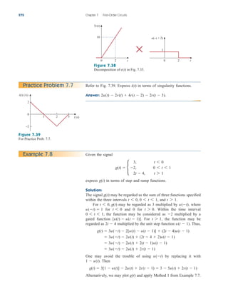 272 Chapter 7 First-Order Circuits
Refer to Fig. 7.39. Express in terms of singularity functions.
Answer: 2u(t)  2r(t)  4r(t  2)  2r(t  3).
i(t)
Practice Problem 7.7
Figure 7.38
Decomposition of in Fig. 7.35.
v(t)
Figure 7.39
For Practice Prob. 7.7.
Given the signal
express in terms of step and ramp functions.
Solution:
The signal may be regarded as the sum of three functions specified
within the three intervals and
For may be regarded as 3 multiplied by where
for and 0 for Within the time interval
the function may be considered as multiplied by a
gated function For the function may be
regarded as multiplied by the unit step function Thus,
One may avoid the trouble of using by replacing it with
Then
Alternatively, we may plot and apply Method 1 from Example 7.7.
g(t)
g(t)  3[1  u(t)]  2u(t)  2r(t  1)  3  5u(t)  2r(t  1)
1  u(t).
u(t)
 3u(t)  2u(t)  2r(t  1)
 3u(t)  2u(t)  2(t  1)u(t  1)
 3u(t)  2u(t)  (2t  4  2)u(t  1)
g(t)  3u(t)  2[u(t)  u(t  1)]  (2t  4)u(t  1)
u(t  1).
2t  4
t 7 1,
[u(t)  u(t  1)].
2
0 6 t 6 1,
t 7 0.
t 6 0
u(t)  1
u(t),
t 6 0, g(t)
t 7 1.
t 6 0, 0 6 t 6 1,
g(t)
g(t)
g(t)  c
3, t 6 0
2, 0 6 t 6 1
2t  4, t 7 1
Example 7.8
0 t
10
5r(t)
2
×
0 t
u(−t + 2)
2
1
i(t) (A)
1
0
2 3 t (s)
2
−2
ale29559_ch07.qxd 07/08/2008 11:49 AM Page 272
 