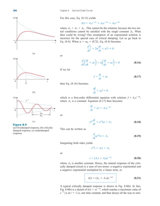 For this case, Eq. (8.13) yields
where . This cannot be the solution, because the two ini-
tial conditions cannot be satisfied with the single constant . What
then could be wrong? Our assumption of an exponential solution is
incorrect for the special case of critical damping. Let us go back to
Eq. (8.4). When , Eq. (8.4) becomes
or
(8.16)
If we let
(8.17)
then Eq. (8.16) becomes
which is a first-order differential equation with solution
where is a constant. Equation (8.17) then becomes
or
(8.18)
This can be written as
(8.19)
Integrating both sides yields
or
(8.20)
where is another constant. Hence, the natural response of the criti-
cally damped circuit is a sum of two terms: a negative exponential and
a negative exponential multiplied by a linear term, or
(8.21)
A typical critically damped response is shown in Fig. 8.9(b). In fact,
Fig. 8.9(b) is a sketch of which reaches a maximum value of
at one time constant, and then decays all the way to zero.
t  1a,
e1
a
i(t)  teat
,
i(t)  (A2  A1t)eat
A2
i  (A1t  A2)eat
eat
i  A1t  A2
d
dt
(eat
i)  A1
eat di
dt
 eat
ai  A1
di
dt
 ai  A1eat
A1
f  A1eat
,
df
dt
 af  0
f 
di
dt
 ai
d
dt
a
di
dt
 aib  aa
di
dt
 aib  0
d2
i
dt2
 2a
di
dt
 a2
i  0
a  0  R2L
A3
A3  A1  A2
i(t)  A1eat
 A2eat
 A3eat
322 Chapter 8 Second-Order Circuits
Figure 8.9
(a) Overdamped response, (b) critically
damped response, (c) underdamped
response.
t
i(t)
0
e–t
(c)
t
1

i(t)
0
(b)
t
i(t)
0
(a)
2
d
ale29559_ch08.qxd 07/08/2008 11:15 AM Page 322
 