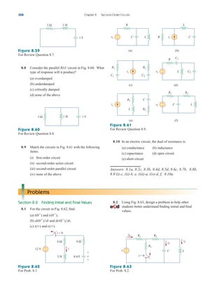358 Chapter 8 Second-Order Circuits
Figure 8.59
For Review Question 8.7.
8.8 Consider the parallel RLC circuit in Fig. 8.60. What
type of response will it produce?
(a) overdamped
(b) underdamped
(c) critically damped
(d) none of the above
Figure 8.60
For Review Question 8.8.
8.9 Match the circuits in Fig. 8.61 with the following
items:
(i) first-order circuit
(ii) second-order series circuit
(iii) second-order parallel circuit
(iv) none of the above
Figure 8.61
For Review Question 8.9.
8.10 In an electric circuit, the dual of resistance is:
(a) conductance (b) inductance
(c) capacitance (d) open circuit
(e) short circuit
Answers: 8.1a, 8.2c, 8.3b, 8.4d, 8.5d, 8.6c, 8.7b, 8.8b,
8.9 (i)-c, (ii)-b, e, (iii)-a, (iv)-d, f, 8.10a.
Problems
Section 8.2 Finding Initial and Final Values
8.1 For the circuit in Fig. 8.62, find:
(a) and
(b) and
(c) and v().
i()
dv(0
)dt,
di(0
)dt
v(0
),
i(0
)
Figure 8.62
For Prob. 8.1.
8.2 Using Fig. 8.63, design a problem to help other
students better understand finding initial and final
values.
Figure 8.63
For Prob. 8.2.
1 H
1 F
1 Ω
1 F
1 H
1 Ω
vs
R
C1
(c)
is C2
C1
L
R1
L
(d)
(e)
is
C
(f)
R1
C2
R2
vs
R L
+
−
(a)
is C
(b)
R
C
+
−
vs
R1 R2
+
− L
L
C
R2
12 V
0.4 F
6 Ω
+
−
2 H
4 Ω
i
t = 0
v
+
−
v
R2
L
C
R3
+
−
iL
iC
R1
iR
t = 0
ale29559_ch08.qxd 07/08/2008 11:16 AM Page 358
 