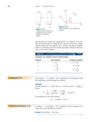 showing that the current and voltage are out of phase. To be spe-
cific, the current leads the voltage by Figure 9.13 shows the voltage-
current relations for the capacitor; Fig. 9.14 gives the phasor diagram.
Table 9.2 summarizes the time domain and phasor domain representa-
tions of the circuit elements.
90.
90
386 Chapter 9 Sinusoids and Phasors
i
v
+
−
C
(a)
i = C
dv
dt
I
V
+
−
C
(b)
I = jCV
Figure 9.13
Voltage-current relations for
a capacitor in the: (a) time
domain, (b) frequency
domain.

Re
Im
I
V
0

Figure 9.14
Phasor diagram for the capacitor; I
leads V.
TABLE 9.2
Summary of voltage-current relationships.
Element Time domain Frequency domain
R
L
C V 
I
jC
i  C
dv
dt
V  jLI
v  L
di
dt
V  RI
v  Ri
Example 9.8 The voltage is applied to a 0.1-H inductor. Find
the steady-state current through the inductor.
Solution:
For the inductor, where and
Hence,
Converting this to the time domain,
i(t)  2 cos(60t  45) A
I 
V
jL

12l45
j60  0.1

12l45
6l90
 2l45 A
V  12l45 V.
  60 rad/s
V  jLI,
v  12 cos(60t  45)
Practice Problem 9.8 If voltage is applied to a capacitor, cal-
culate the current through the capacitor.
Answer: 50 cos(100t  120) mA.
50 mF
v  10 cos(100t  30)
ale29559_ch09.qxd 07/17/2008 11:46 AM Page 386
 