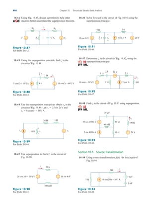 10.42 Using Fig. 10.87, design a problem to help other
students better understand the superposition theorem.
10.46 Solve for in the circuit of Fig. 10.91 using the
superposition principle.
vo(t)
448 Chapter 10 Sinusoidal Steady-State Analysis
jXL
−jXC
R1
R2
+
−
+
−
Io
V2
V1
Figure 10.87
For Prob. 10.42.
10.43 Using the superposition principle, find in the
circuit of Fig. 10.88.
ix
+
−
3 Ω
4 H 10 cos(2t – 60°) V
5 cos(2t + 10°) A
ix
F
1
8
Figure 10.88
For Prob. 10.43.
10.44 Use the superposition principle to obtain in the
circuit of Fig. 10.89. Let and
is  6 cos(6t  10) A.
vs  25 sin 2t V
vx
vs
vx
+
−
20 Ω
16 Ω
5 H
+
–
is
Figure 10.89
For Prob. 10.44.
10.45 Use superposition to find in the circuit of
Fig. 10.90.
i(t)
20 Ω
300 mH
+
−
+
−
i
20 cos(10t + 30°) V 10 sin 4t V
Figure 10.90
For Prob. 10.45.
+
−
+
−
6 Ω 2 H
20 V
12 cos 3t V 4 sin 2t A
+
−
vo
F
1
12
Figure 10.91
For Prob. 10.46.
10.47 Determine in the circuit of Fig. 10.92, using the
superposition principle.
io
+
−
1 Ω 2 H
24 V
2 cos 3t
2 Ω 4 Ω
+
−
io
10 sin(t – 30°) V
F
1
6
Figure 10.92
For Prob. 10.47.
10.48 Find in the circuit of Fig. 10.93 using superposition.
io
80 Ω
60 Ω
40 mH
20 F
24 V
100 Ω
+
−
+
−
50 cos 2000t V
2 sin 4000t A
io
Figure 10.93
For Prob. 10.48.
Section 10.5 Source Transformation
10.49 Using source transformation, find i in the circuit of
Fig. 10.94.
3 Ω
5 Ω
5 mH
1 mF
16 sin(200t + 30°) A
i
Figure 10.94
For Prob. 10.49.
ale29559_ch10.qxd 07/08/2008 11:59 AM Page 448
 