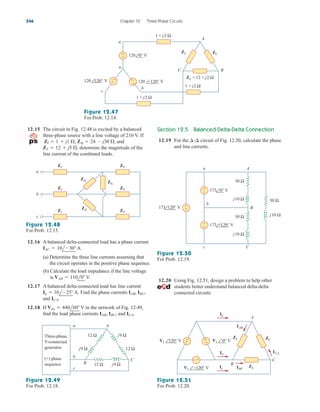 12.15 The circuit in Fig. 12.48 is excited by a balanced
three-phase source with a line voltage of 210 V. If
and
determine the magnitude of the
line current of the combined loads.
ZY  12  j5 ,
Zl  1  j1 , Z¢  24  j30 ,
Section 12.5 Balanced Delta-Delta Connection
12.19 For the circuit of Fig. 12.50, calculate the phase
and line currents.
¢-¢
546 Chapter 12 Three-Phase Circuits
V
1 + j2 Ω
1 + j2 Ω
1 + j2 Ω
ZL = 12 + j2 Ω
+
−
a
n
C B
A
ZL ZL
b
c
120 120° V
120 –120°
120 0° V
+
− +
−
Figure 12.47
For Prob. 12.14.
a
b
c
Zl
Zl
Zl
Z∆
Z∆
Z∆
ZY
ZY
ZY
Figure 12.48
For Prob. 12.15.
12.16 A balanced delta-connected load has a phase current
A.
(a) Determine the three line currents assuming that
the circuit operates in the positive phase sequence.
(b) Calculate the load impedance if the line voltage
is V.
12.17 A balanced delta-connected load has line current
Find the phase currents
and
12.18 If V in the network of Fig. 12.49,
find the load phase currents and ICA.
IAB, IBC,
Van  440l60
ICA.
IAB, IBC,
Ia  10l25 A.
VAB  110l0
IAC  10l30
Three-phase,
Y-connected
generator
(+) phase
sequence
12 Ω
j9 Ω
j9 Ω
12 Ω
12 Ω j9 Ω
a
b
c
A
B
C
Figure 12.49
For Prob. 12.18.
+
−
+
−
+
−
30 Ω
30 Ω
173 −120° V
173 0° V
j10 Ω
j10 Ω 30 Ω
j10 Ω
A
B
a
b
c C
173 120° V
Figure 12.50
For Prob. 12.19.
12.20 Using Fig. 12.51, design a problem to help other
students better understand balanced delta-delta
connected circuits.
A
C
B
Ia
Ib
Ic
+
−
+
−
− +
VL 0° V
VL −120° V
VL 120° V
IBC
IAB
ICA
ZL
ZL
ZL
Figure 12.51
For Prob. 12.20.
ale29559_ch12.qxd 07/08/2008 12:05 PM Page 546
 