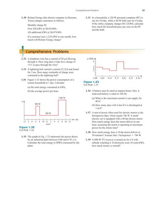 Comprehensive Problems 27
Comprehensive Problems
1.32 A telephone wire has a current of A flowing
through it. How long does it take for a charge of
15 C to pass through the wire?
1.33 A lightning bolt carried a current of 2 kA and lasted
for 3 ms. How many coulombs of charge were
contained in the lightning bolt?
1.34 Figure 1.32 shows the power consumption of a
certain household in 1 day. Calculate:
(a) the total energy consumed in kWh,
(b) the average power per hour.
20 m
12 2 4 6 8 10 12 2 4 6 10 12
8
p
800 W
200 W
noon
1200 W
t (h)
Figure 1.32
For Prob. 1.34.
1.35 The graph in Fig. 1.33 represents the power drawn
by an industrial plant between 8:00 and 8:30 A.M.
Calculate the total energy in MWh consumed by the
plant.
Figure 1.33
For Prob. 1.35.
8.00 8.05 8.10 8.15 8.20 8.25 8.30
5
4
3
8
p (MW)
t
1.36 A battery may be rated in ampere-hours (Ah). A
lead-acid battery is rated at 160 Ah.
(a) What is the maximum current it can supply for
40 h?
(b) How many days will it last if it is discharged at
1 mA?
1.37 A unit of power often used for electric motors is the
horsepower (hp), which equals 746 W. A small
electric car is equipped with a 40-hp electric motor.
How much energy does the motor deliver in one
hour, assuming the motor is operating at maximum
power for the whole time?
1.38 How much energy does a 10-hp motor deliver in
30 minutes? Assume that 1 horsepower W.
1.39 A 600-W TV receiver is turned on for 4 h with
nobody watching it. If electricity costs 10 cents/kWh,
how much money is wasted?
 746
1.30 Reliant Energy (the electric company in Houston,
Texas) charges customers as follows:
Monthly charge $6
First 250 kWh @ $0.02/kWh
All additional kWh @ $0.07/kWh
If a customer uses 1,218 kWh in one month, how
much will Reliant Energy charge?
1.31 In a household, a 120-W personal computer (PC) is
run for 4 h/day, while a 60-W bulb runs for 8 h/day.
If the utility company charges $0.12/kWh, calculate
how much the household pays per year on the PC
and the bulb.
ale29559_ch01.qxd 07/08/2008 10:38 AM Page 27
 