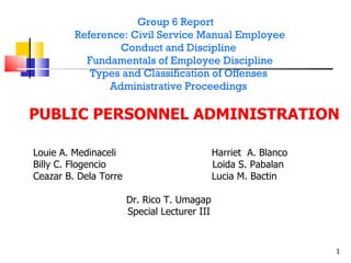 Group 6 Report Reference: Civil Service Manual Employee Conduct and Discipline  Fundamentals of Employee Discipline Types and Classification of Offenses  Administrative Proceedings   PUBLIC PERSONNEL ADMINISTRATION Louie A. Medinaceli   Harriet  A. Blanco Billy C. Flogencio  Loida S. Pabalan Ceazar B. Dela Torre   Lucia M. Bactin   Dr. Rico T. Umagap   Special Lecturer III 