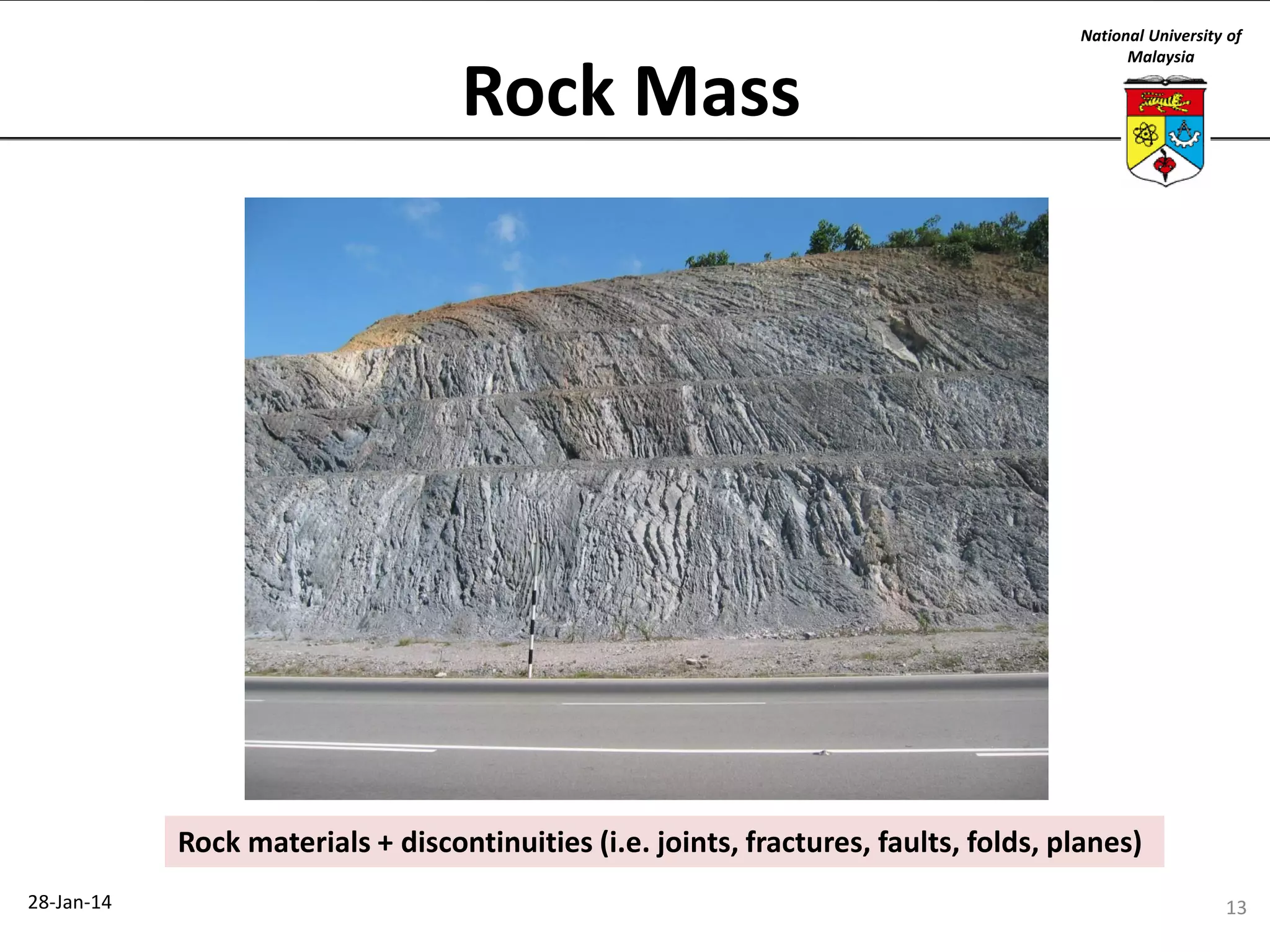 Rock Mass

National University of
Malaysia

Rock materials + discontinuities (i.e. joints, fractures, faults, folds, planes)
28-Jan-14

13

 