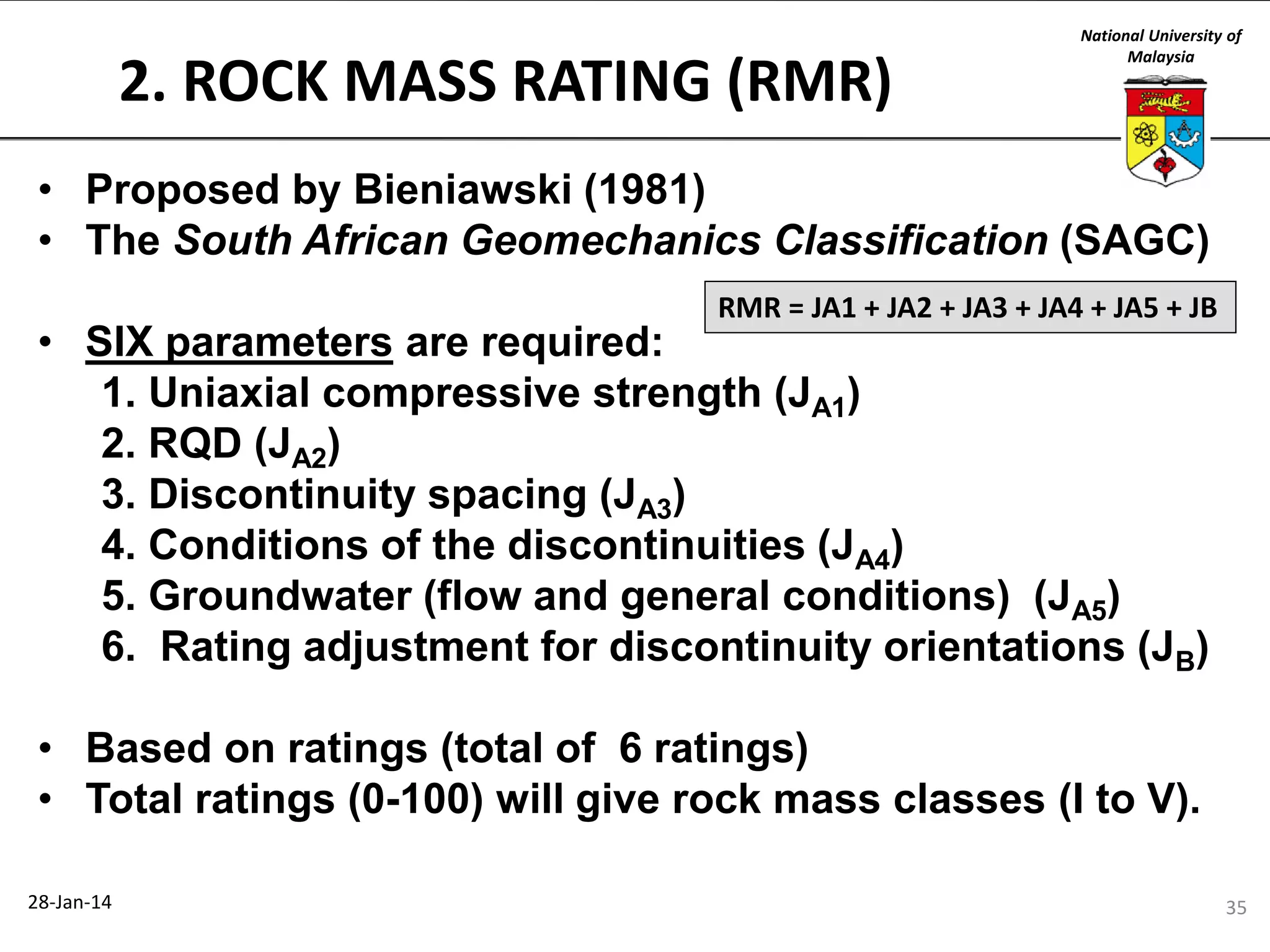 2. ROCK MASS RATING (RMR)

National University of
Malaysia

• Proposed by Bieniawski (1981)
• The South African Geomechanics Classification (SAGC)
RMR = JA1 + JA2 + JA3 + JA4 + JA5 + JB

• SIX parameters are required:
1. Uniaxial compressive strength (JA1)
2. RQD (JA2)
3. Discontinuity spacing (JA3)
4. Conditions of the discontinuities (JA4)
5. Groundwater (flow and general conditions) (JA5)
6. Rating adjustment for discontinuity orientations (JB)
• Based on ratings (total of 6 ratings)
• Total ratings (0-100) will give rock mass classes (I to V).
28-Jan-14

35

 