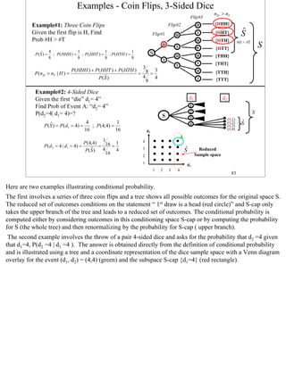 Examples - Coin Flips, 3-Sided Dice
                                                                                                                nH > nT
                                                                                                   Flip#3
          Example#1: Three Coin Flips                                              Flip#2               H        {HHH}
          Given the first flip is H, Find                                 Flip#1       H
                                                                                                         T       {HHT}                ˆ
                                                                                                                                      S
          Prob #H > #T                                                                                  H        {HTH}
                                                                              H
                                                                                       T                 T       {HTT}
                                                                                                                                    #H > #T
                                                                                                                                                  S
                    4            1             1             1
               ˆ
           P ( S ) = ; P( HHH ) = ; P ( HHT ) = ; P( HTH ) =          S                H                H        {THH}
                    8            8             8             8
                                                                              T
                                                                                       T
                                                                                                         T       {THT}
                                                                 3
                              P ( HHH ) + P ( HHT ) + P ( HTH )      3
                                                                = 8=
                                                                                                        H        {TTH}
           P (nH > nT | H ) =
                                               ˆ)
                                            P( S                 4   4                                   T
                                                                   8                                             {TTT}

            Example#2: 4-Sided Dice
            Given the first “die” d1= 4”                                                           d1                  d2
            Find Prob of Event A: “d2= 4”                                                          1

            P(d2=4| d1= 4)=?                                                                       2                                          S
                                                                              S                    3                        (4,1)
                   ˆ                   4              1                                            4                        (4,2)     ˆ
                                                                                                                                      S
               P ( S ) = P( d1 = 4) =    ; P( 4,4) =                                                                        (4,3)
                                      16             16              d2                                                     (4,4)

                                                                                           A
                                                1                4
                                      P(4,4)         1
               P (d 2 = 4 | d1 = 4) =         = 16 =
                                          ˆ
                                       P( S )  4     4           3                             ˆ
                                                                                               S          Reduced
                                                 16              2                                      Sample space
                                                                 1                             d1
                                                                          1   2    3   4
                                                                                                                              83


Here are two examples illustrating conditional probability.
The first involves a series of three coin flips and a tree shows all possible outcomes for the original space S.
The reduced set of outcomes conditions on the statement “ 1st draw is a head (red circle)” and S-cap only
takes the upper branch of the tree and leads to a reduced set of outcomes. The conditional probability is
computed either by considering outcomes in this conditioning space S-cap or by computing the probability
for S (the whole tree) and then renormalizing by the probability for S-cap ( upper branch).
 The second example involves the throw of a pair 4-sided dice and asks for the probability that d2 =4 given
that d1=4, P(d2 =4 | d1 =4 ). The answer is obtained directly from the definition of conditional probability
and is illustrated using a tree and a coordinate representation of the dice sample space with a Venn diagram
overlay for the event (d1, d2) = (4,4) (green) and the subspace S-cap {d1=4} (red rectangle).




                                                                                                                                                      83
 