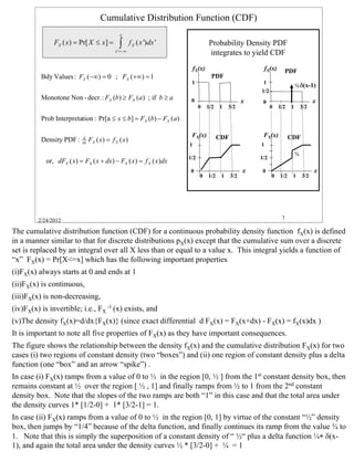 Cumulative Distribution Function (CDF)
                                             x
               FX ( x) = Pr[ X ≤ x] =        ∫      f X ( x ') dx '               Probability Density PDF
                                           x '=−∞
                                                                                  integrates to yield CDF
                                                                          fX(x)                             fX(x)     PDF
          Bdy Values : FX (−∞) = 0 ; FX (+∞) = 1                                    PDF
                                                                       1                                 1
                                                                                                                              ¼ δ(x-1)
                                                                                                        1/2
          Monotone Non - decr. : FX (b) ≥ FX (a ) ; if b ≥ a           0                            x                                   x
                                                                                                         0
                                                                            0     1/2   1    3/2              0     1/2   1       3/2

          Prob Interpretation : Pr[a ≤ x ≤ b] = FX (b) − FX (a)

                                                                       FX(x)            CDF              FX(x)            CDF
          Density PDF :   d
                          dx   FX ( x) = f X ( x)
                                                                      1                                 1
                                                                                                                              ¼
                                                                      1/2                               1/2
            or, dFX ( x) = FX ( x + dx) − FX ( x) = f X ( x)dx
                                                                       0                            x    0                              x
                                                                            0     1/2    1    3/2             0     1/2    1      3/2




         2/24/2012                                                                                                   7

The cumulative distribution function (CDF) for a continuous probability density function fX(x) is defined
in a manner similar to that for discrete distributions pX(x) except that the cumulative sum over a discrete
set is replaced by an integral over all X less than or equal to a value x. This integral yields a function of
“x” FX(x) = Pr[X<=x] which has the following important properties
(i)FX(x) always starts at 0 and ends at 1
(ii)FX(x) is continuous,
(iii)FX(x) is non-decreasing,
(iv)FX(x) is invertible; i.e., FX -1 (x) exists, and
(v)The density fX(x)=d/dx{FX(x)} (since exact differential d FX(x) = FX(x+dx) - FX(x) = fX(x)dx )
It is important to note all five properties of FX(x) as they have important consequences.
The figure shows the relationship between the density fX(x) and the cumulative distribution FX(x) for two
cases (i) two regions of constant density (two “boxes”) and (ii) one region of constant density plus a delta
function (one “box” and an arrow “spike”) .
In case (i) FX(x) ramps from a value of 0 to ½ in the region [0, ½ ] from the 1st constant density box, then
remains constant at ½ over the region [ ½ , 1] and finally ramps from ½ to 1 from the 2nd constant
density box. Note that the slopes of the two ramps are both “1” in this case and that the total area under
the density curves 1* [1/2-0] + 1* [3/2-1] = 1.
In case (ii) FX(x) ramps from a value of 0 to ½ in the region [0, 1] by virtue of the constant “½” density
box, then jumps by “1/4” because of the delta function, and finally continues its ramp from the value ¾ to
1. Note that this is simply the superposition of a constant density of “ ½“ plus a delta function ¼∗ δ(x-
1), and again the total area under the density curves ½ * [3/2-0] + ¼ = 1



                                                                                                                                            7
 