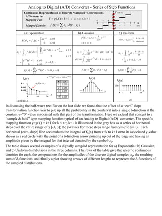 Analog to Digital (A/D) Converter - Series of Step Functions
                  Continuous Representation of Discrete “sampled” Distributions                                                                            Y (OUT)
                                                                                                                                                      3
                   A/D converter
                   Mapping Fcn     Y = g( X ) = k +1 ; k < x ≤ k +1      -3
                                                                                                                                                       2
                                                                                                                                                       1
                                                                              -2                                                                 -1
                                                                                                                                                                                                X
                    Mapped Density                       fY (y) = ∑ αk ⋅ δ(y − yk )                                                                    0
                                                                                                                                                           -1     1        2            3       (IN)
                                                                              k                                                                            -2


                  a) Exponential                                                                     b) Gaussian                                                  b) Uniform
                                                                                                                          1 −x2 / 2
                               ae − ax                                                                 PDFX = f X ( x) =    e                                                      1 0 ≤ x ≤ 10
                                                        x≥0                                                               2π                                      PDFX = f X ( x) = 
             PDFX = f X ( x) =                                                                                                                                                     0 otherwise
                                0                      x<0                                             −∞ < x < ∞

                              k                                         k

       α k = ∫ f X ( x)dx =  x =∫ −1
               k
                                     ae − ax dx = −e − ax                            x≥0                      k
                                                                                                                       1 − x2 / 2                                            k
                                                                                                                                                                                             k − (k − 1)
                                 k
                                                                           x = k −1                αk =       ∫        2π
                                                                                                                          e       dx = ϕ (k ) −ϕ (k − 1)          αk =      ∫
                                                                                                                                                                                      1
                                                                                                                                                                                        dx =
            x = k −1                           0                                     x<0
                                                                                                            x = k −1                                                                 10          10
                                                                                                            x=k
                                                                                                                       1 − x2 / 2
                                                                                                                                                                          x = k −1

                                                                                                                                                                           1
            e − ak (ea − 1) x ≥ 0
                                                                                                 ϕ (k ) ≡     ∫        2π
                                                                                                                          e       dx ; k ∈ (−∞, ∞ )                   =
                                                                                                                                                                          10
                                                                                                                                                                             ; k = 1, 2,L ,10
           =                           ; k = 1, 2,...                                                      x =−∞

                    0       x<0
                              ∞                                                                                                                                                  10
                                                                                                                                                                                         1
                   fY ( y ) = ∑ e − ak (e a − 1) ⋅ δ ( y − k )                                              fY ( y ) = ∑ α k ⋅ δ ( y − yk )                      fY ( y ) = ∑              δ ( y − k)
                              k =1                                                                                         k                                                     k =1   10

                                                   e − (0.1) k (e0.1 − 1) = .105 ⋅ e − (0.1) k                          fY(y)
              fY(y)
                                                                       k        αk
                                                                                                                                                                fY(y)
            0.1                   α kδ ( y − k )
                                                                       1       0.095                                                                       1/10
            0.095                                                      2       0.086
            0.050                                                      3       0.078                                                         y                                                           y
                                                                                                                                                                  0 1                   5           10
                                                         y
                      0              10            20                11 0.035
        2/24/2012                                                                                                                                                                      26

In discussing the half-wave rectifier on the last slide we found that the effect of a “zero” slope
transformation function was to pile up all the probability in the x-interval into a single δ-function at the
constant y=“0” value associated with that part of the transformation. Here we extend that concept to a
“sample & hold” type mapping function typical of an Analog to Digital (A/D) converter. The specific
mapping function y=g(x) = k+1 for k < x ≤ k+1 is illustrated in the grey box as a series of horizontal
steps over the entire range of x [-3, 3]; the y-values for these steps range from y=-2 to y=+3. Each
horizontal (zero-slope) line accumulates the integral of fX(x) from x=k to k+1 onto its associated y-value
shown as a red circle with the point of a δ-function arrow pointing up out of the page and having an
amplitude given by the integral for that interval denoted by the symbol αk.
The table shows several examples of a digitally sampled representation for a) Exponential, b) Gaussian,
and c) Uniform distributions in the three columns. The rows of the table give the specific continuous
densities for each, the computations for the amplitudes of the discrete digital samples αk, the resulting
sum of δ-functions, and finally a plot showing arrows of different lengths to represent the δ-functions of
the sampled distributions.




                                                                                                                                                                                                             26
 
