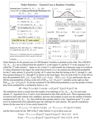 Order Statistics - General Case n Random Variables
         General Case n Variables: X1,, X2 , ... ,, Xn RVs                                     fX (x)                  fX(y)dy
         Assume RVs are Indep and Identically Distributed (IID)                                        FX ( y )                     1 − FX ( y )
                         {X1,, X2 , ... ,, Xn }           fX(x)
         f X 1 X 2 L X n ( x1 x 2 L x n ) = f X ( x1 ) ⋅ f X ( x 2 ) ⋅ L ⋅ f X ( x n )
                          Reorder {X1,, X2 , ... ,, Xn } as follows:                                                     fX(y)dy
                      Y1,= smallest {X1,, X2 , ... ,, Xn }                                           all Yk <y           y     y+dy            all Yk > y

                      Y2= next smallest {X1,, X2 , ... ,, Xn }                                        Y1 |Y2 |… |Yj-1            Yj+1 | Yj+2 | … | YN
         jth “order
                       Yj= jth smallest {X1,, X2 , ... ,, Xn }                                          (j-1) RVs
         statistic”                                                                                                                    (n-j) RVs
                      Yn= largest {X1,, X2 , ... ,, Xn }
                                                                                    Each IID: P[Yj ≤ y]= FX(y)                   P[Yj > y]= 1 - FX(y)
                      Y1< Y2 < Yj <… < Yn
                                                                                                         [FX(y)]j-1                    [1 - FX(y)]n-j
                       Same PDF in variable “y” fX(y)
                                                                                        Diff’l Prob.
            Find PDF for the jth “order statistic”                                   “one sequence” = ( FX ( y ) ) j −1 ⋅ f X ( y )dy ⋅ (1 − FX ( y ) )n − j
           Pr[ y ≤ Y j ≤ y + dy ] = fY j ( y )dy ; j = 1, 2,L , n                    jth order statistic
                                                                                                                      3!          [φ| X1 | X2 X3]
                                                                                         j=1: [φ| Y1 |Y2 Y3 ]      0! 1! 2!
                                                                                                                            =3    [φ| X2 | X1 X3]
         Case n=3 {Min, Mdl, Max};Y2 = “Mdl“statistic.                                   Min                                      [φ| X3 | X1 X2]
         Y2 could be any one of {X1,, X2 , X3 }                                                                      3!
                                                                                                                                 [X2,| X1 | X3], [X3,| X1 | X2]
                                                                                         j=2: [Y1 |Y2 | Y3 ]               =6    [X1,| X2 | X3], [X3,| X2 | X1]
                                                                                                                  1! 1! 1!       [X1,| X3 | X2], [X2,| X3 | X1]
                                                                                         Mdl
         There are 3! = 6 orderings; however, we partition into 3                                                                [ X2 X3 |X1 |φ]
                                                                                                                     3!
         groups and permutations within a group is irrelevant;                           j=3: [Y1 Y2 | Y3 | φ]    2! 1! 0!
                                                                                                                           =3    [ X1 X3 |X2 |φ]
                                                                                                                                 [ X1 X2 |X3 |φ]
                                                                                         Max                                             48
         2/24/2012

Order Statistics for the general case of n IID Random Variables is detailed on this slide. The n IID RVs
{X1, X2,..., Xn} are re-ordered from the smallest Y1 to the largest Yn and the jth Y in the sequence Yj is
called the “jth order statistic”. Again we fix a value Y=y and consider the continuous range of re-ordered
Y-values illustrated in the figure: the small interval from y to y+dy contains the differential probability
for the jth order statistic Yj given by fX(y)dy; all Y-values less than this belong to the Y1 through Yj-1 and
those greater belong to Yj+1 through Yn as shown in the inset figure. Now for each of the Ys on the left we
have the probability Pr[Y1 ≤ y] = FX(y), Pr[Y2 ≤ y] = FX(y), ... Pr[Yj-1 ≤ y] = FX(y), and because they are
IID the total probability of those on the left is Pr[Yleft ≤ y] = [FX(y) ]j-1; similarly on the right we find
Pr[Yright ≤ y] = [1-FX(y) ]n-j. So for the reordered Ys the differential probability is just the product of these
three terms multiplied by a multiplicity factor α, viz.,
                         dP = Pr[y≤ Yj ≤ y+dy]= f Yj (y) dy = α [FX(y) ]j-1 fX(y) [1-FX(y) ]n-j dy
The multiplicity factor α results from the number of re-orderings of {X1, X2,..., Xn} for each order
statistic Yj ; arguments for n=3 and n=4 are illustrated on this slide and the next. These arguments look
(in turn) at each order statistic min, middle(s), and max and compute in each case the number of distinct
arrangements of {X1, X2,..., Xn} that yield the three groups relative to the “separation point” Y=y and
arrive at multinomial forms dependent upon the orderings for each statistic. The specific multiplicity
factors for the cases for n=3,4 are easily found to be
                  α = 3C (j-1),1,(3-j) = 3! / [(j-1)! 1! (3-j)!] ; α = 4C (j-1),1,(4-j) = 4! / [(j-1)! 1! (4-j)!]
and the final results for the PDF of the jth order statistic f Yj (y) in these cases are
                        fYj (yj) = 3C (j-1),1,(3-j) [FX(yj) ]j-1 fX(yj) [1-FX(yj) ]3-j for j=1,2,3                                 (n=3)
                       fYj (yj) = 4C (j-1),1,(4-j) [FX(yj) ]j-1 fX(yj) [1-FX(yj) ]4-j for j=1,2,3,4 (n=4)




                                                                                                                                                                  48
 