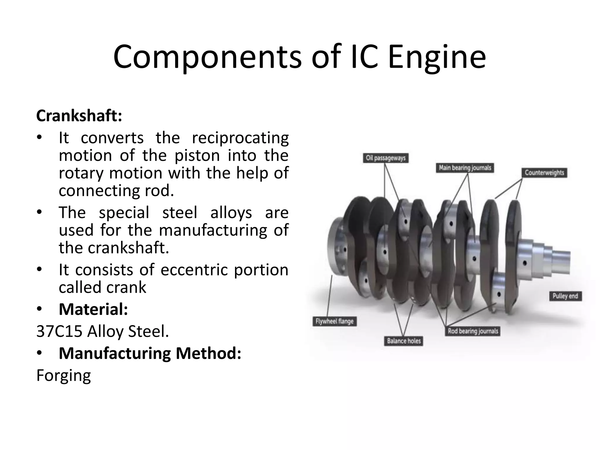 Components of IC Engine
Crankshaft:
• It converts the reciprocating
motion of the piston into the
rotary motion with the help of
connecting rod.
• The special steel alloys are
used for the manufacturing of
the crankshaft.
• It consists of eccentric portion
called crank
• Material:
37C15 Alloy Steel.
• Manufacturing Method:
Forging
 